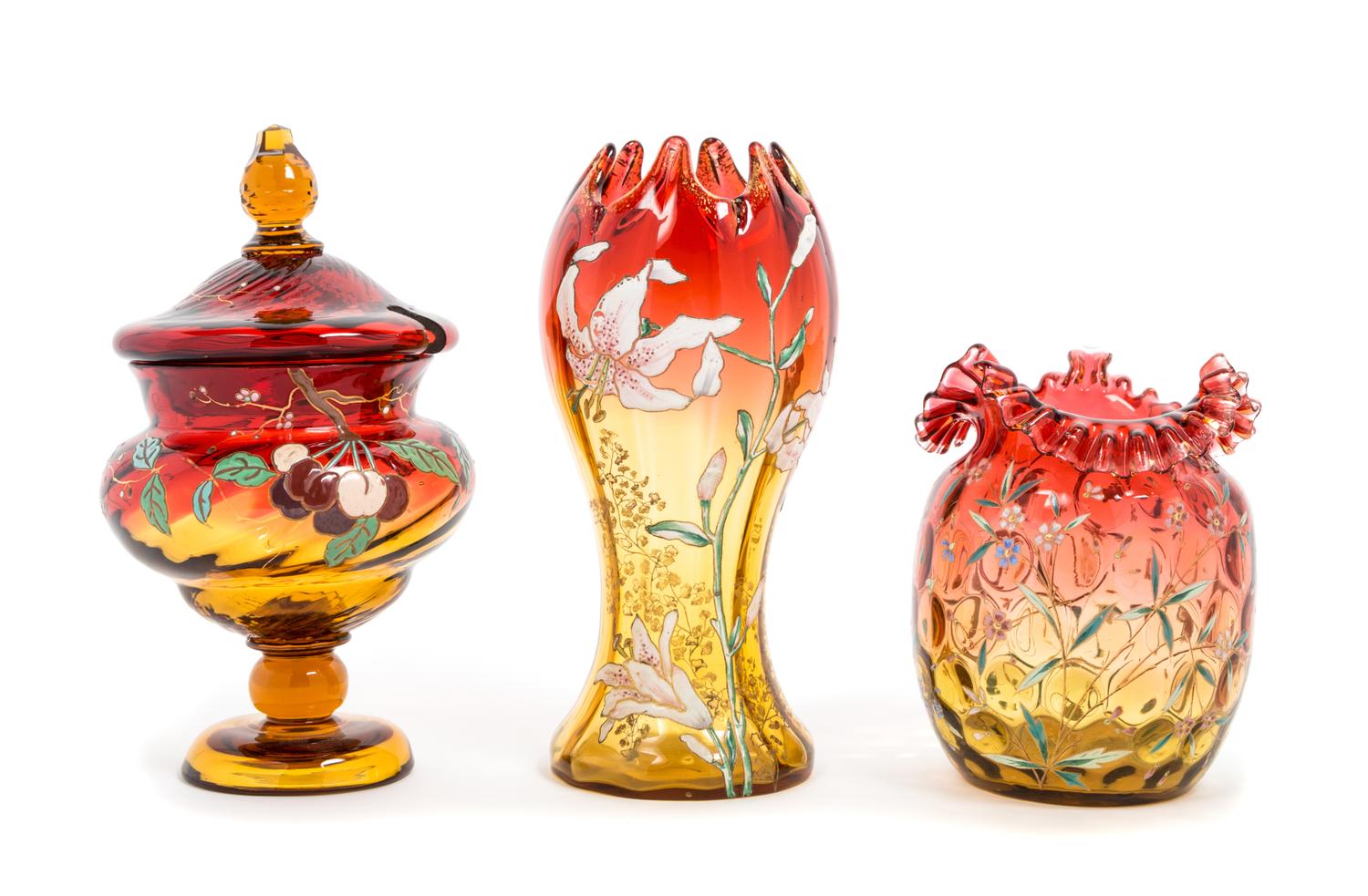 Three Victorian Amberina Glass Articles Height of tallest 10 inches — 19TH CENTURY