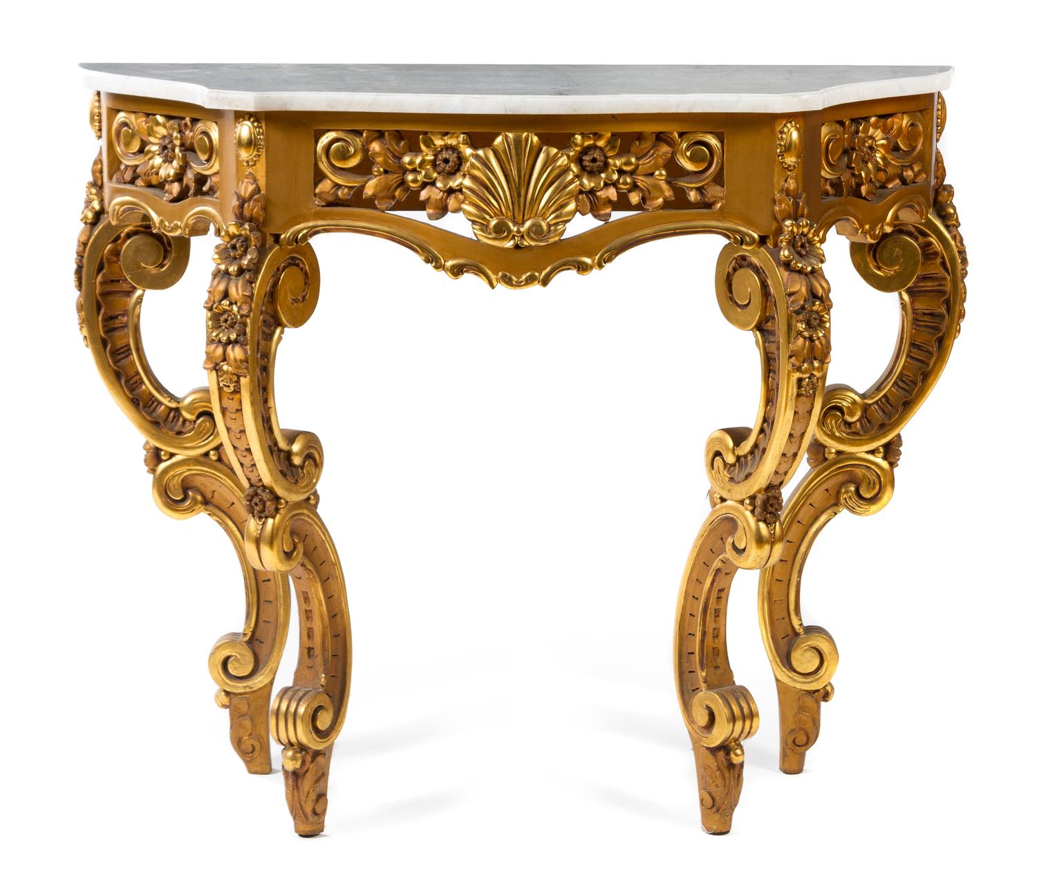 An Italian Baroque Style Giltwood Console Table Height 35 x width 43 1/2 x depth 16 1/2 inches. — 20TH CENTURY