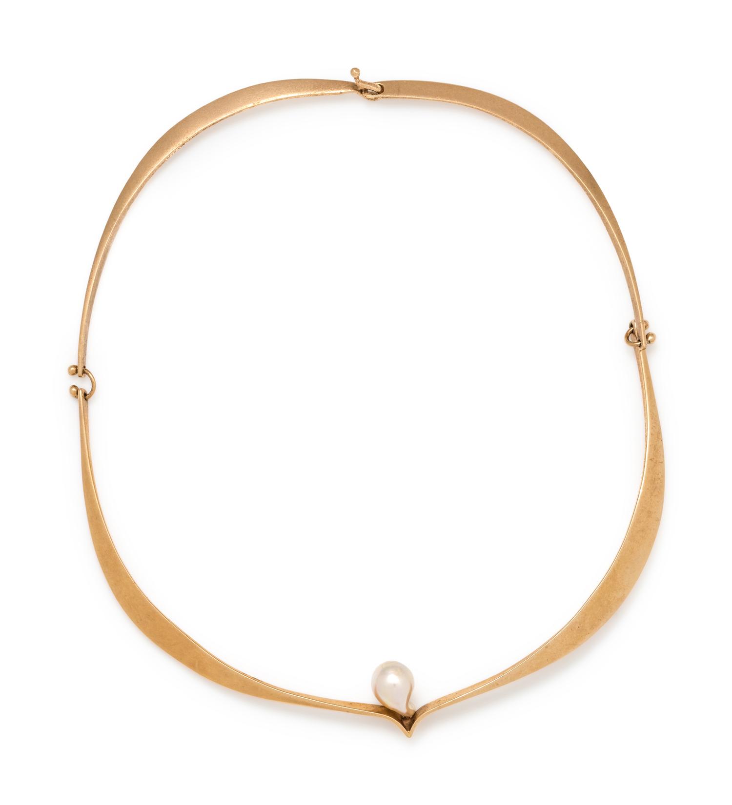 ED WEINER, MODERNIST YELLOW GOLD AND CULTURED BAROQUE PEARL COLLAR NECKLACE