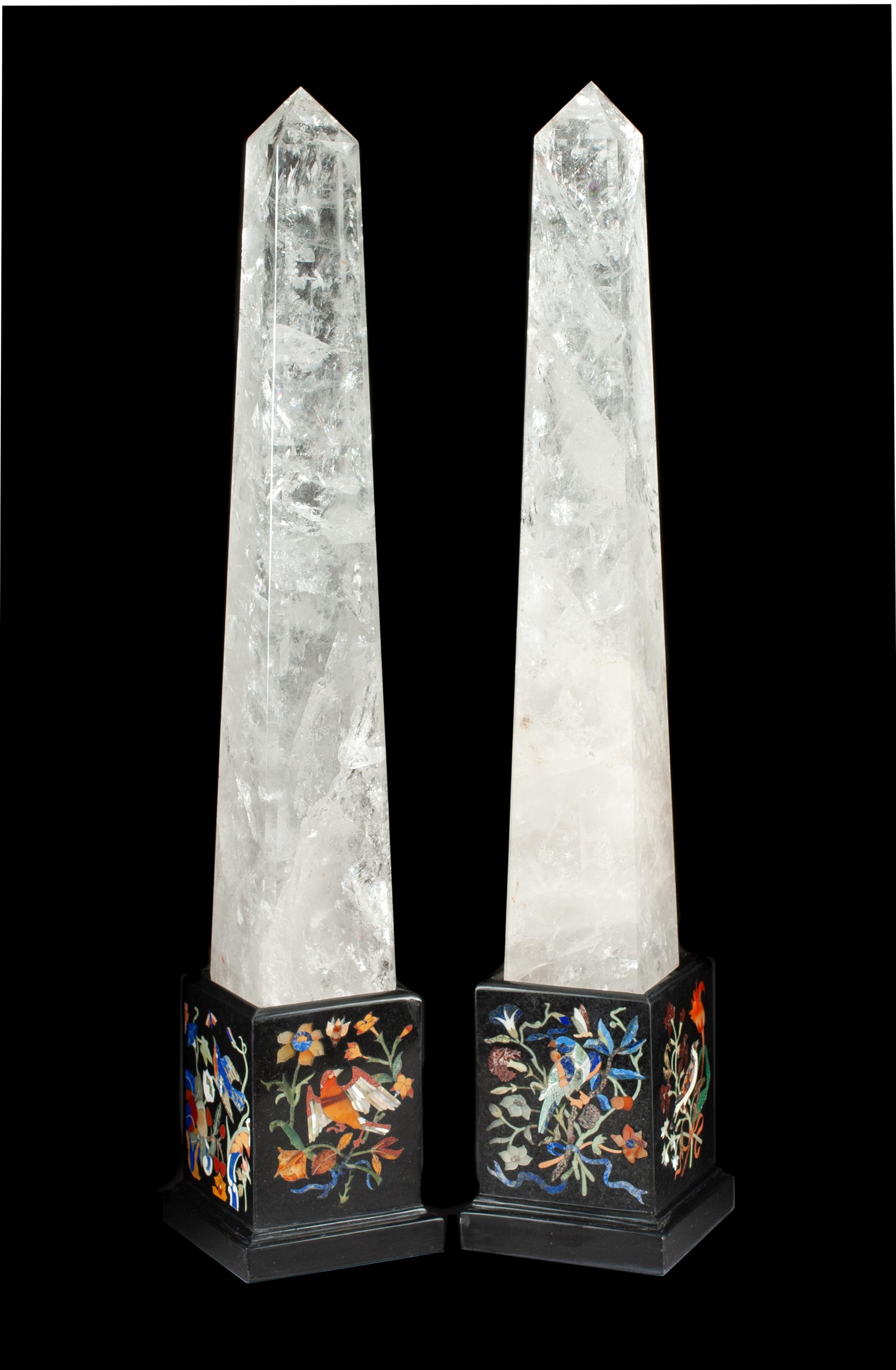 A Pair of Rock Crystal and Specimen Marble Obelisks Height overall 25 inches.