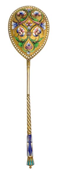A Russian Silver-Gilt and Enamel Serving Spoon, Mark of Vasiili Agafonov, kokoshnik mark of Ivan Lebedkin, Moscow, late 19th/early 20th