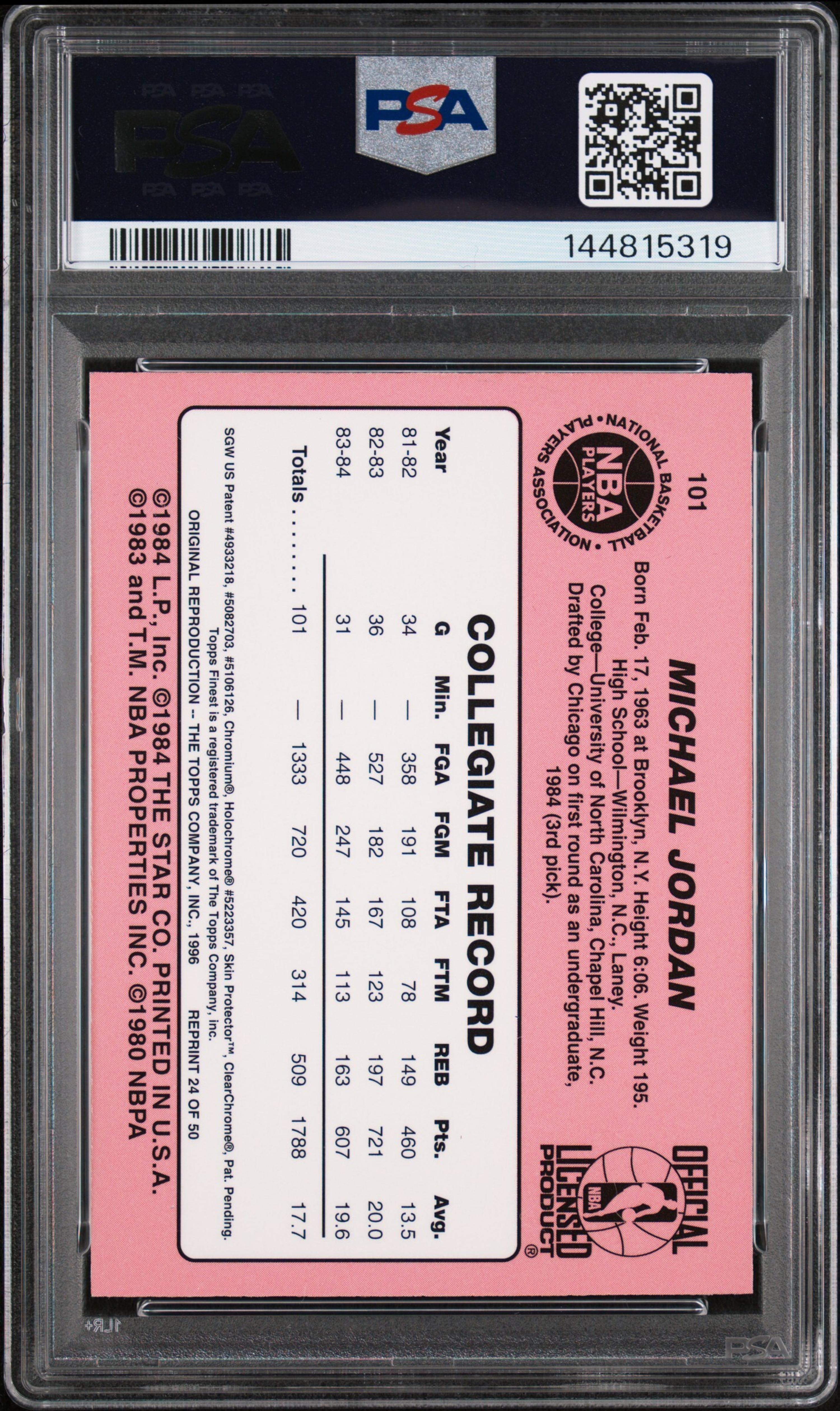 A 1996 Stadium Club Finest Michael Jordan 1984 Star Reprint Basketball Card No. 24 (PSA 8 NM-MT)