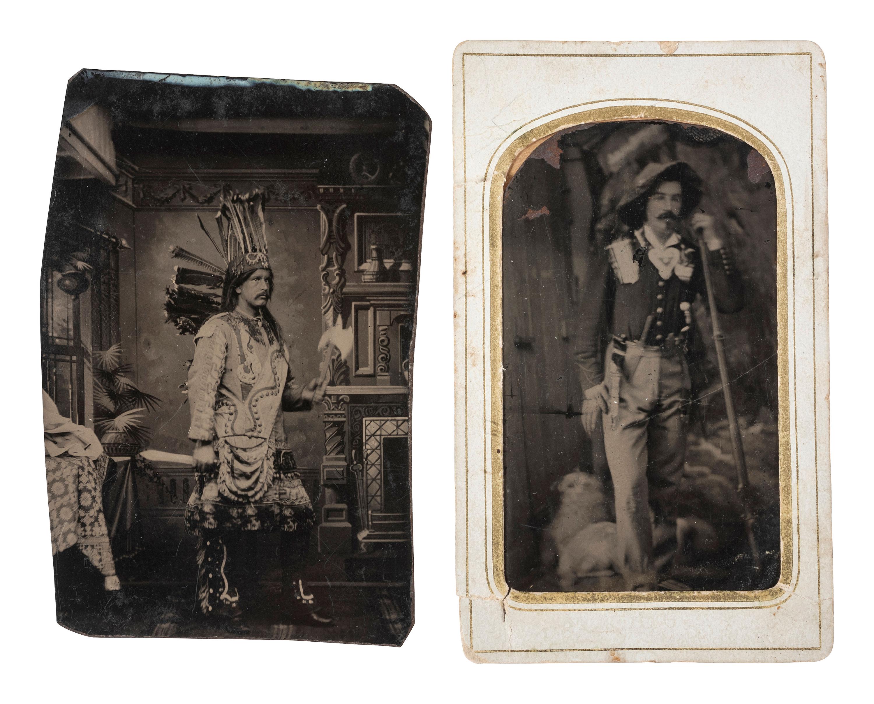 [EARLY PHOTOGRAPHY - TINTYPES]. A group of 5 tintypes with western, military, and patriotic themes.