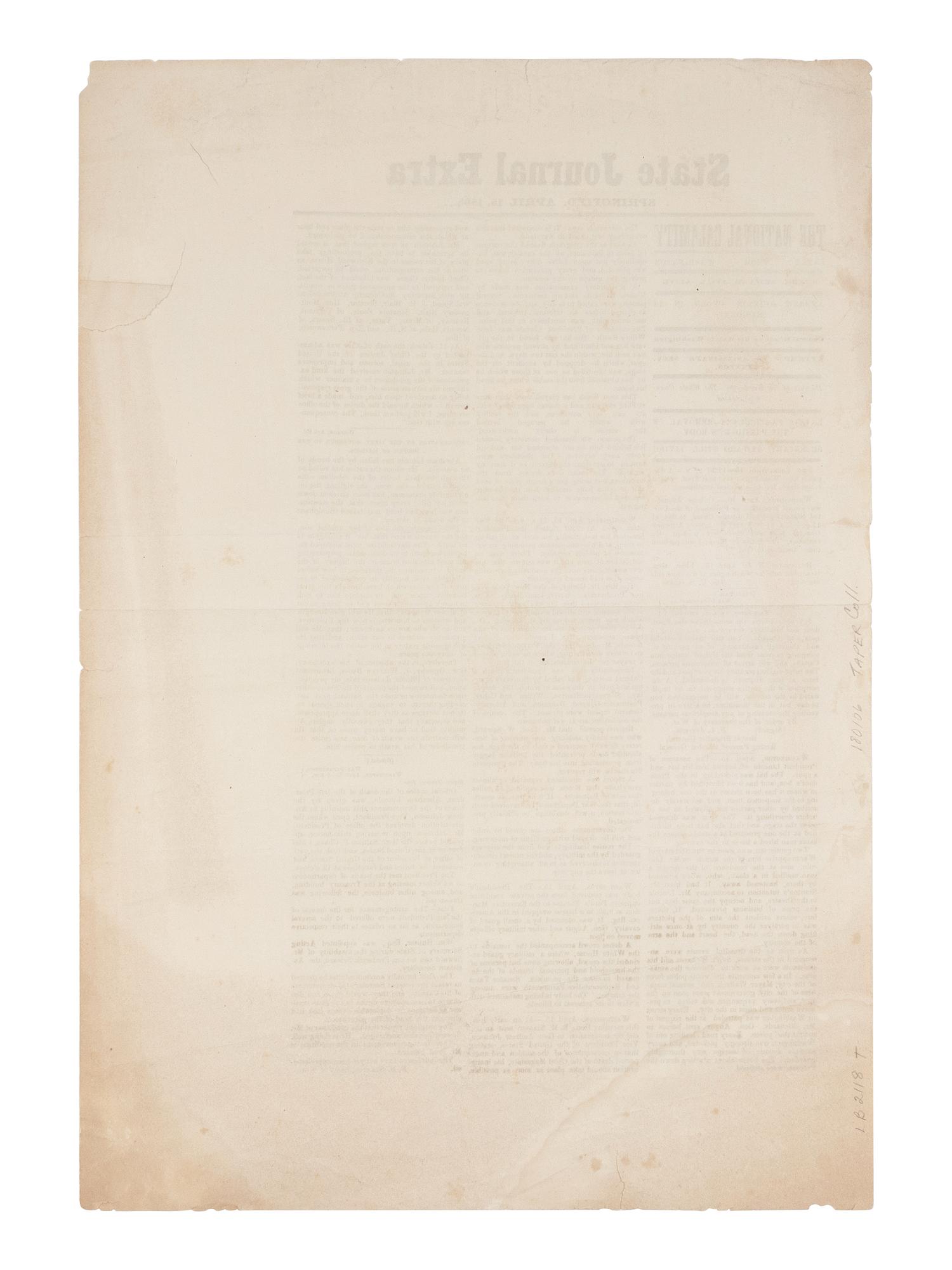 [LINCOLN ASSASSINATION]. State Journal Extra . Springfield, 15 April 1865.