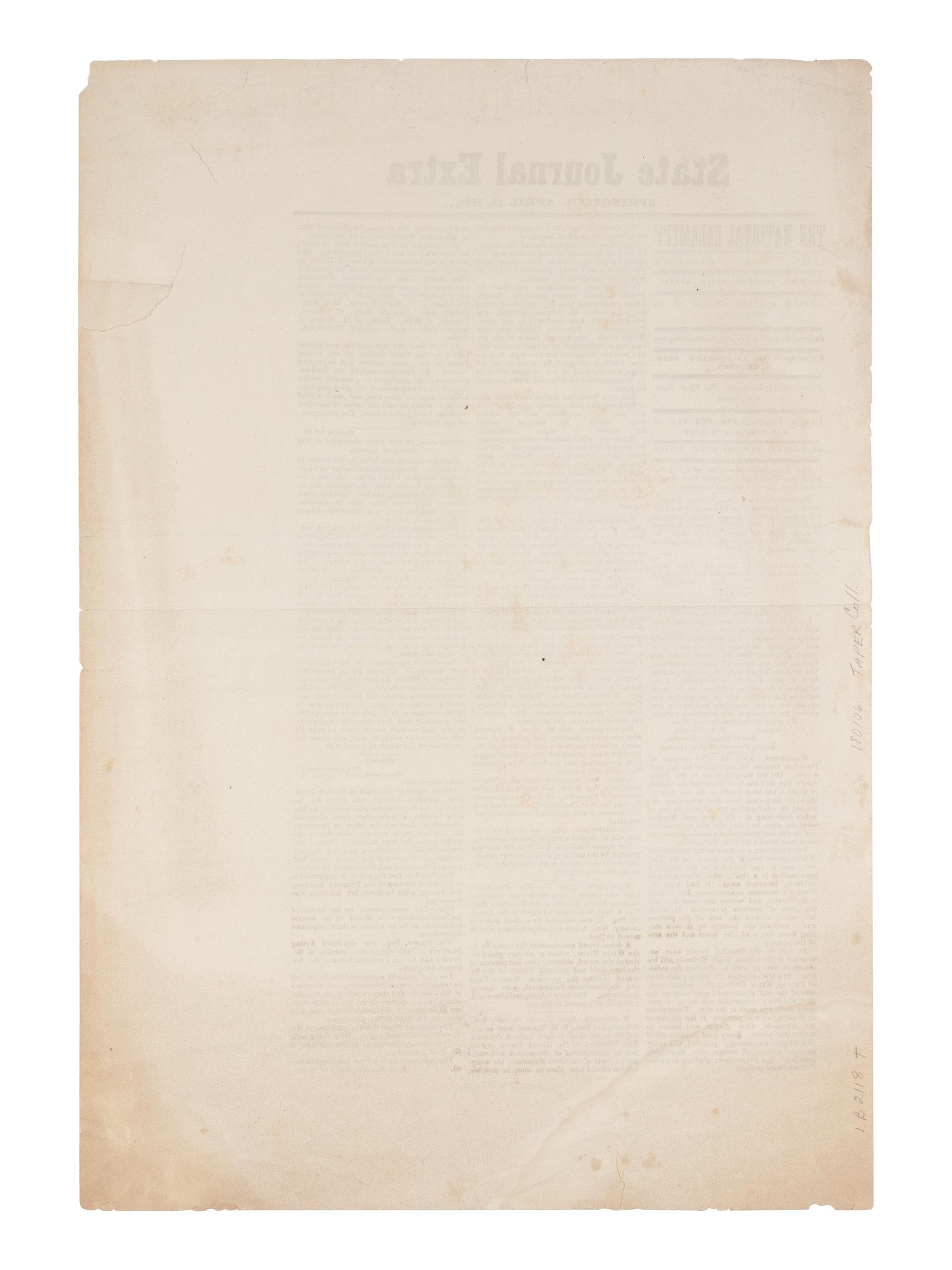[LINCOLN ASSASSINATION]. State Journal Extra . Springfield, 15 April 1865.