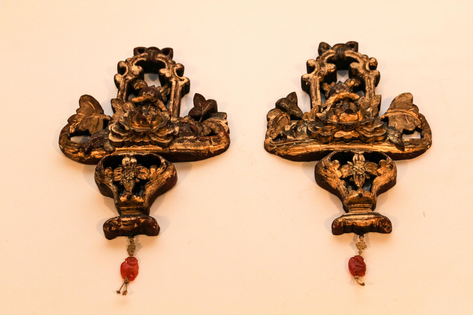 A Pair of Chinese Carved Wood Wall Mounts Height overall 15 inches.