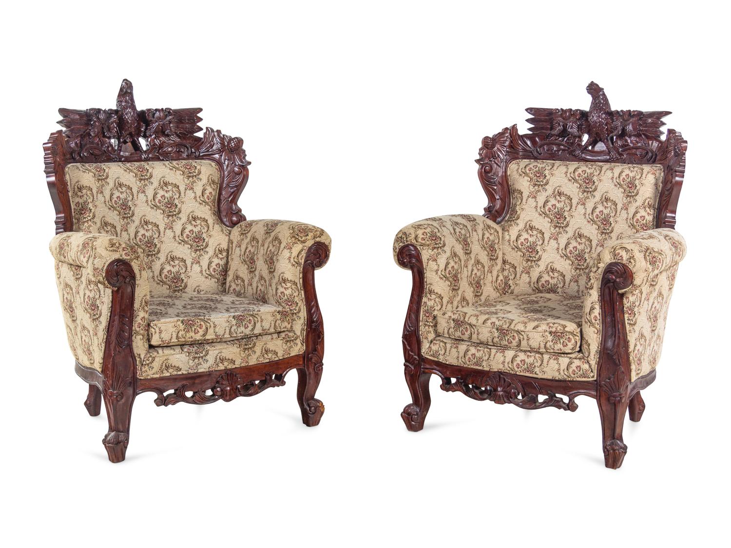 A Pair of Anglo-Colonial Style Carved Mahogany Armchairs