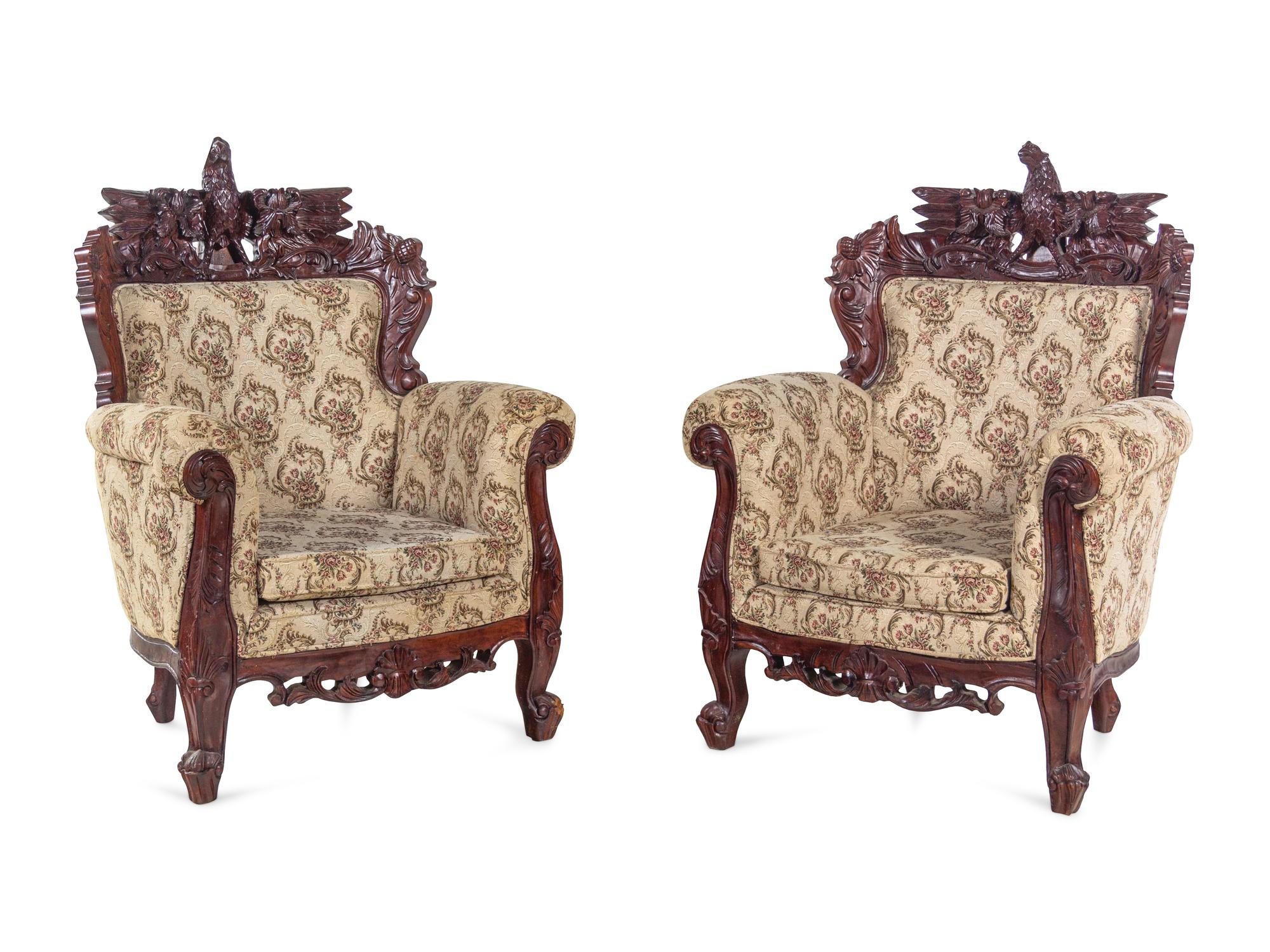 A Pair of Anglo-Colonial Style Carved Mahogany Armchairs