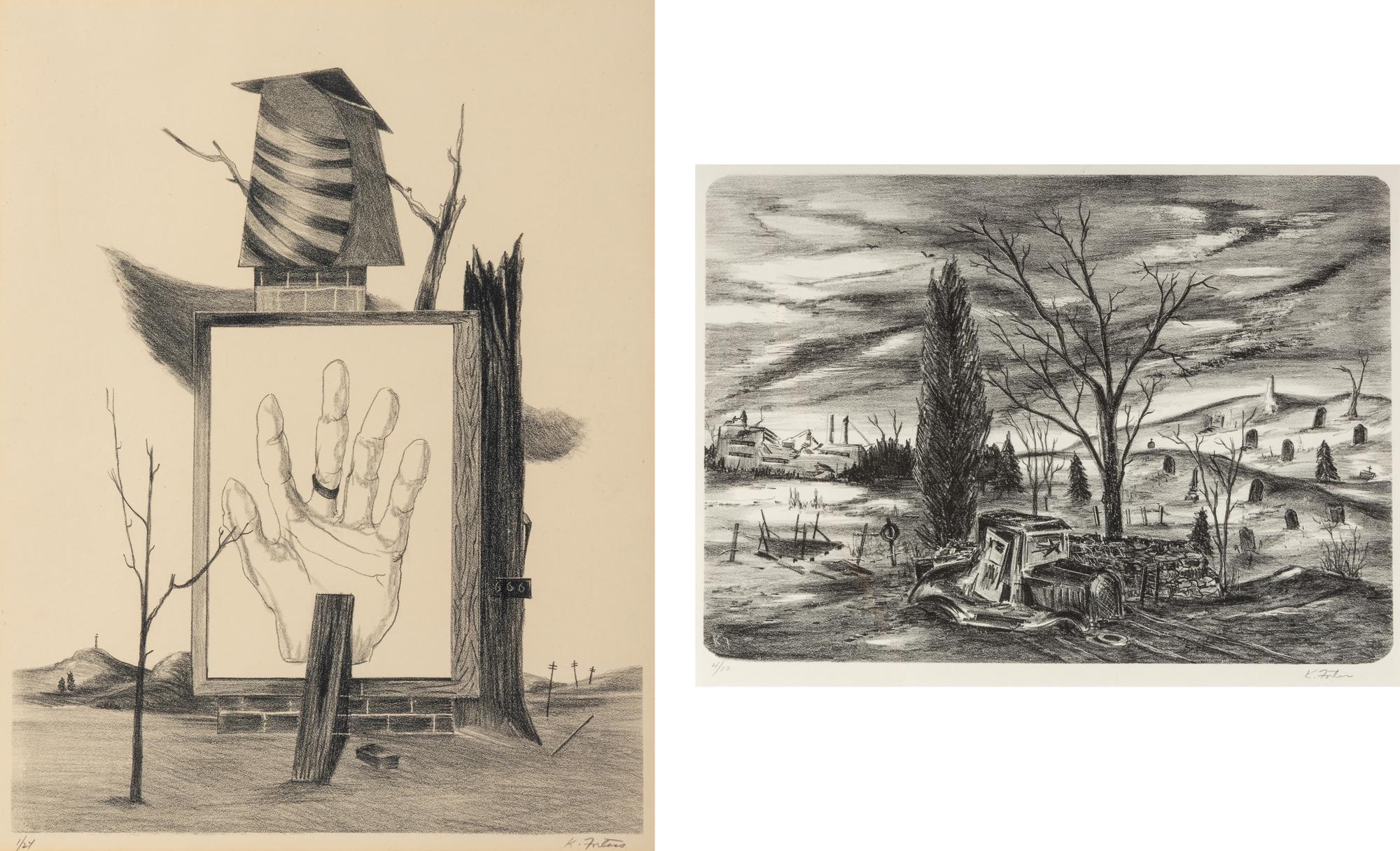 Surrealist Landscape and Abandoned Car (two works)