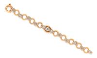 A Retro 14 Karat Bicolor Gold and Diamond Bracelet, 16.95 dwts.