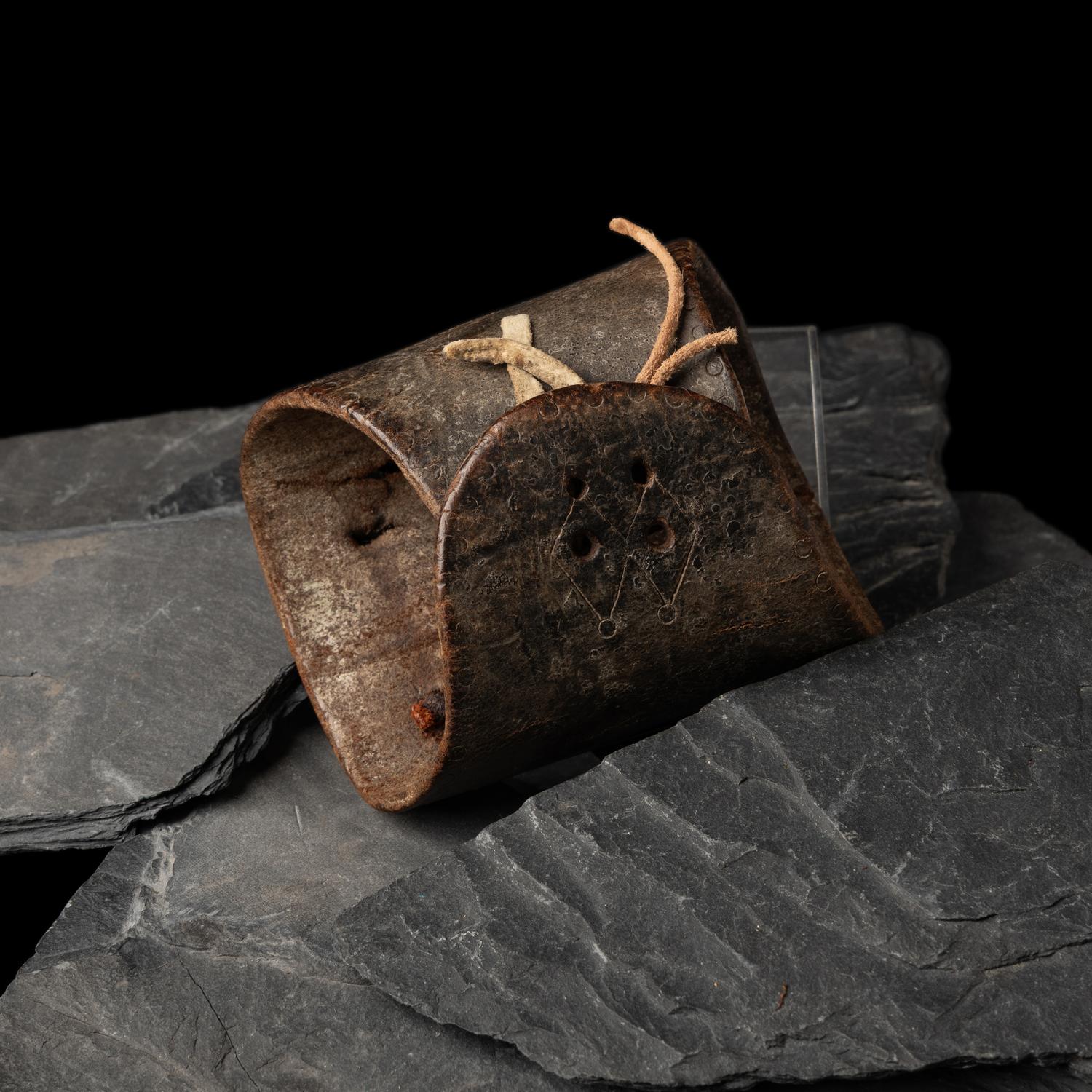 Early Navajo Ingot and Turquoise Ketoh, with Carved Design on Leather Band