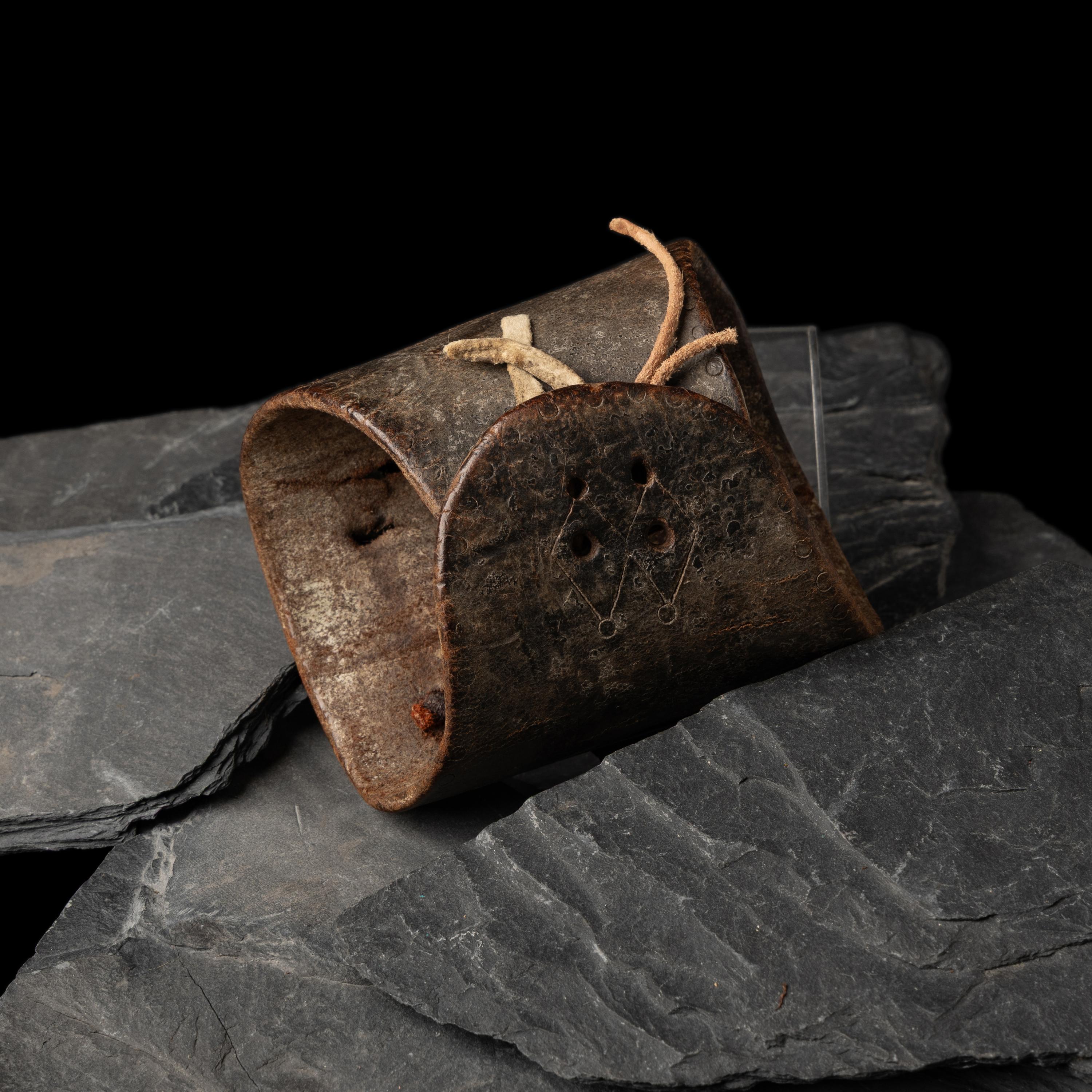 Early Navajo Ingot and Turquoise Ketoh, with Carved Design on Leather Band