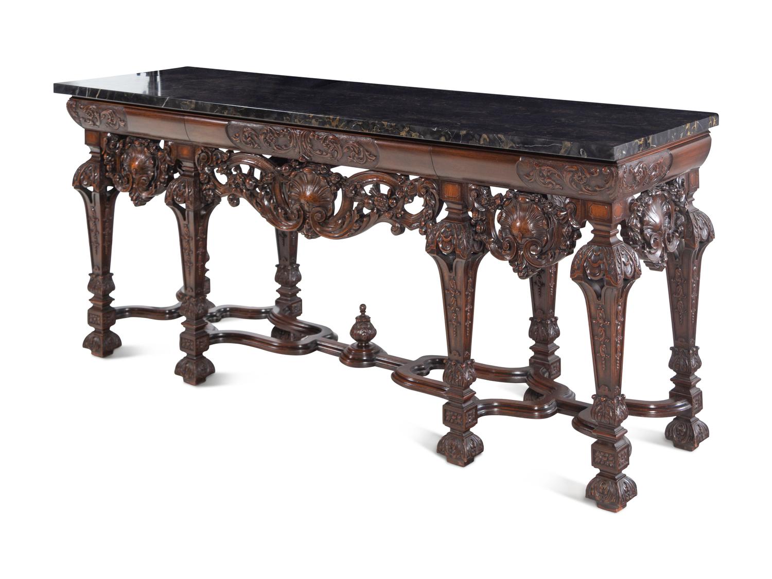 Two En Suite Italian Carved Walnut Marble-Top Console Tables