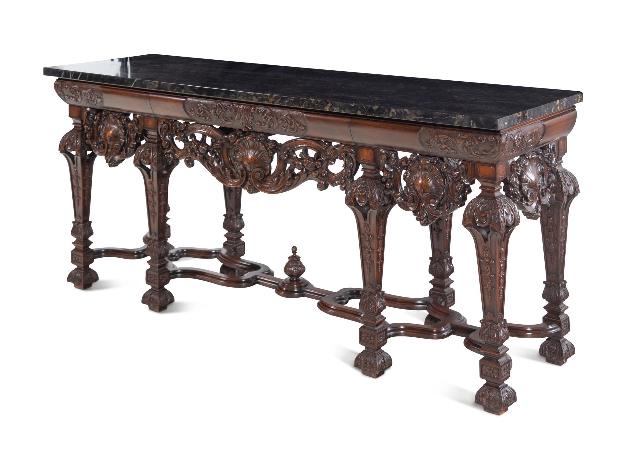 Two En Suite Italian Carved Walnut Marble-Top Console Tables