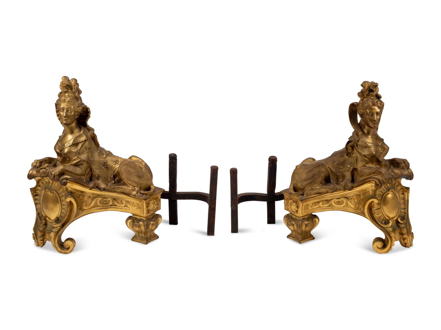A Pair of French Gilt Bronze Sphinx-Form Chenets