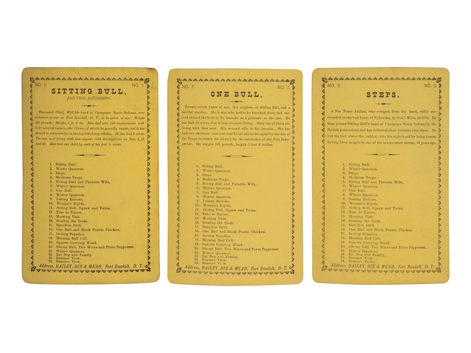 [NATIVE AMERICANS]. BAILEY, DIX, & MEAD, photographers. A group of 3 cabinet cards featuring Sitting Bull, Steps, and One Bull. Fort Randall, Dakota Territory, 1882.