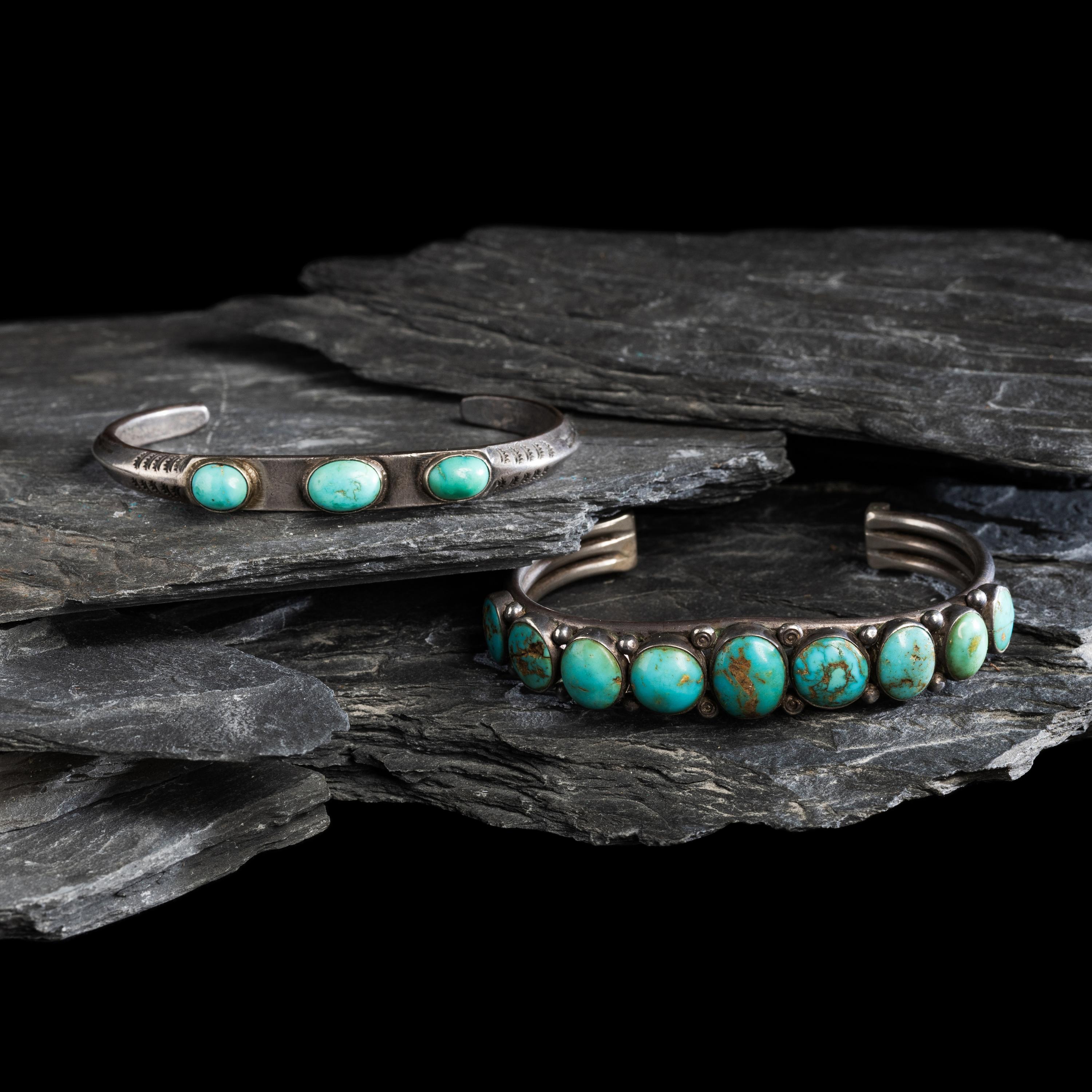 Pair of Navajo Silver and Turquoise Cuff Braclets