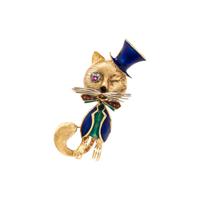 YELLOW GOLD AND ENAMEL CAT BROOCH
