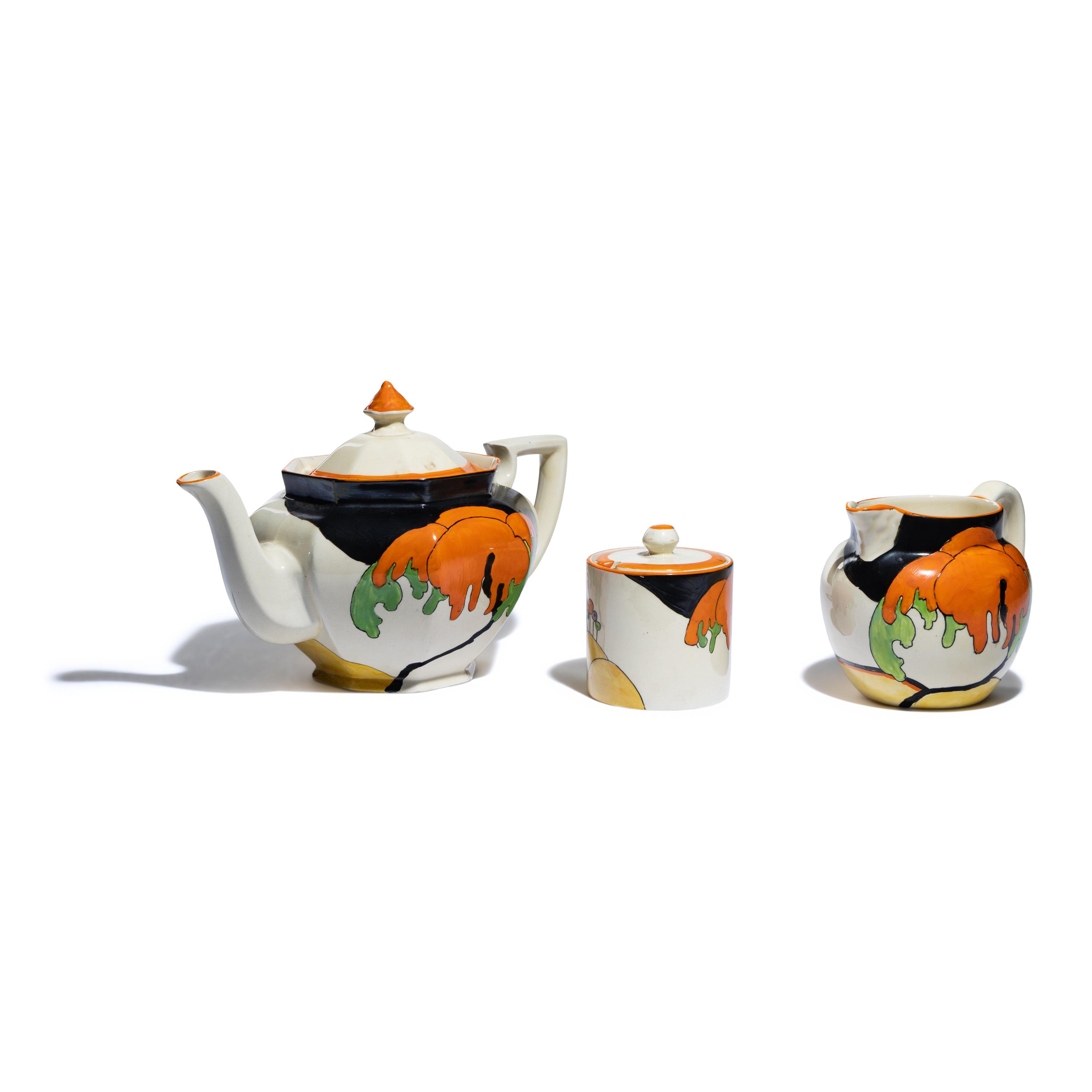 Clarice Cliff (English, 1899-1972) — Woodland, pattern tea trio