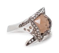 An 18 Karat White Gold, Smoky Quartz, Diamond and Colored Diamond Ring,
