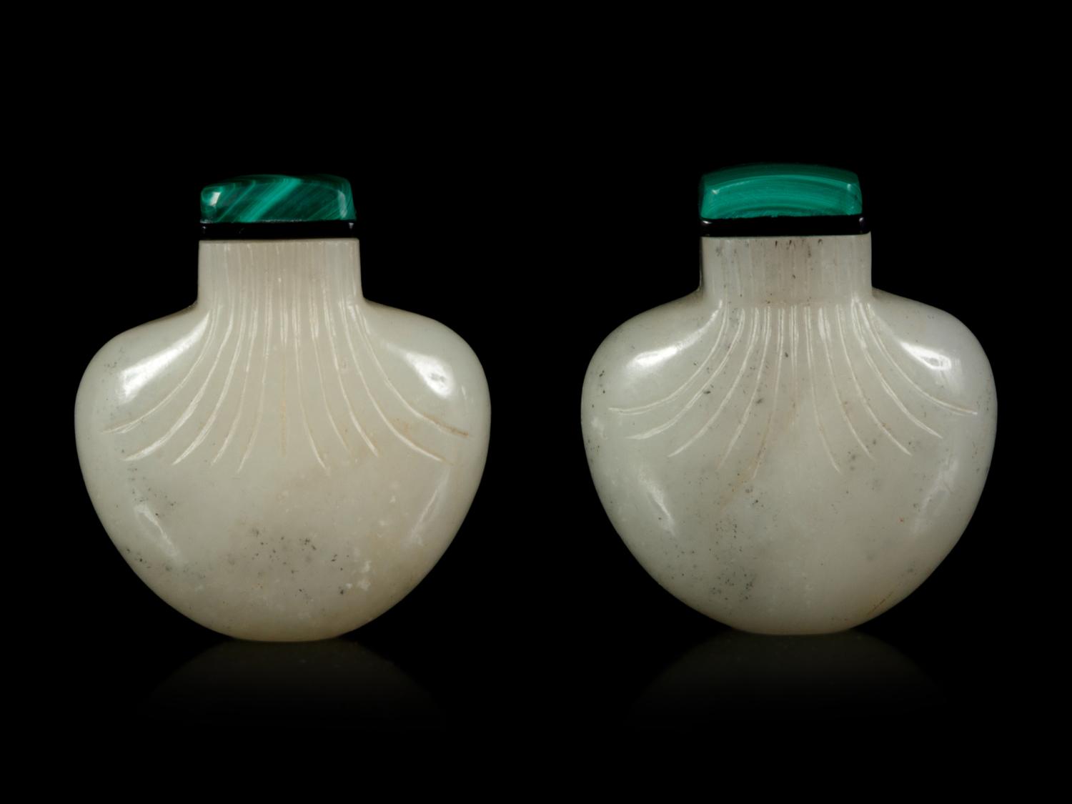 A Pair of White Jade Purse-Form Snuff Bottles