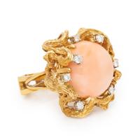 CORAL, DIAMOND, AND YELLOW GOLD RING