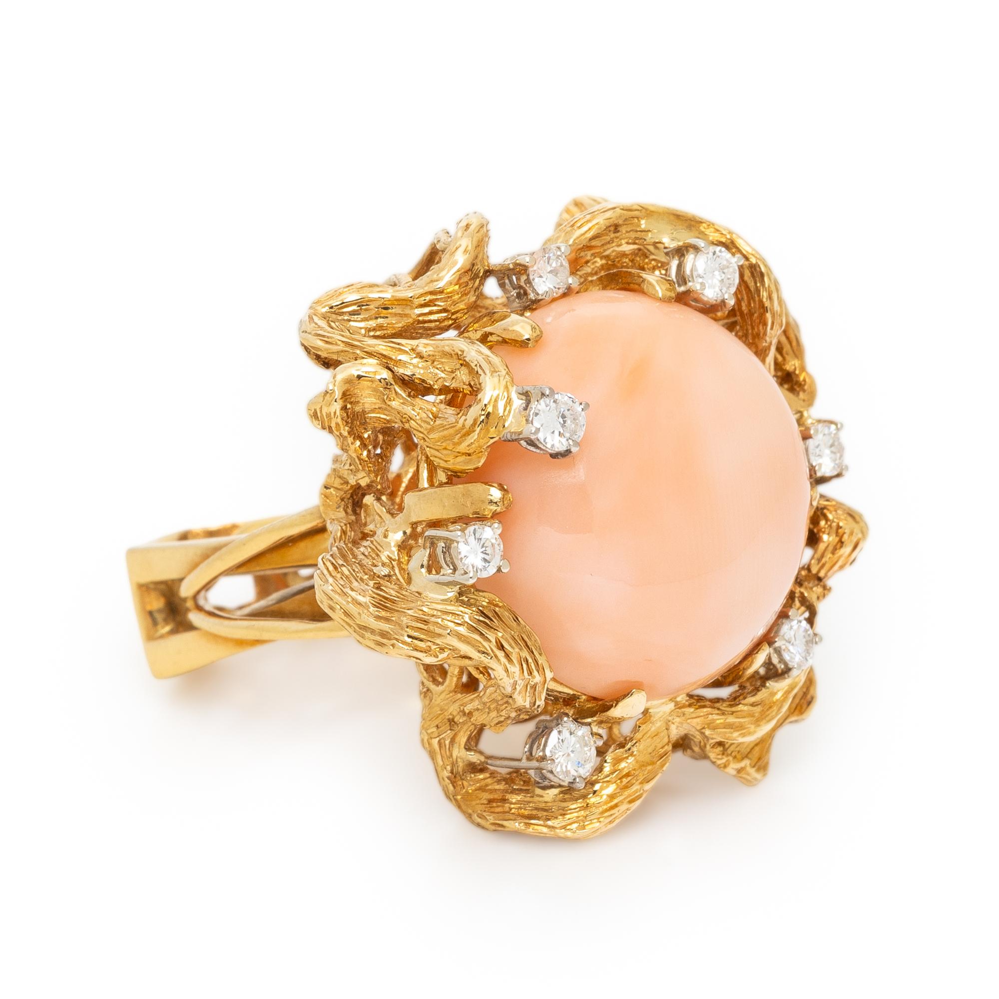 CORAL, DIAMOND, AND YELLOW GOLD RING