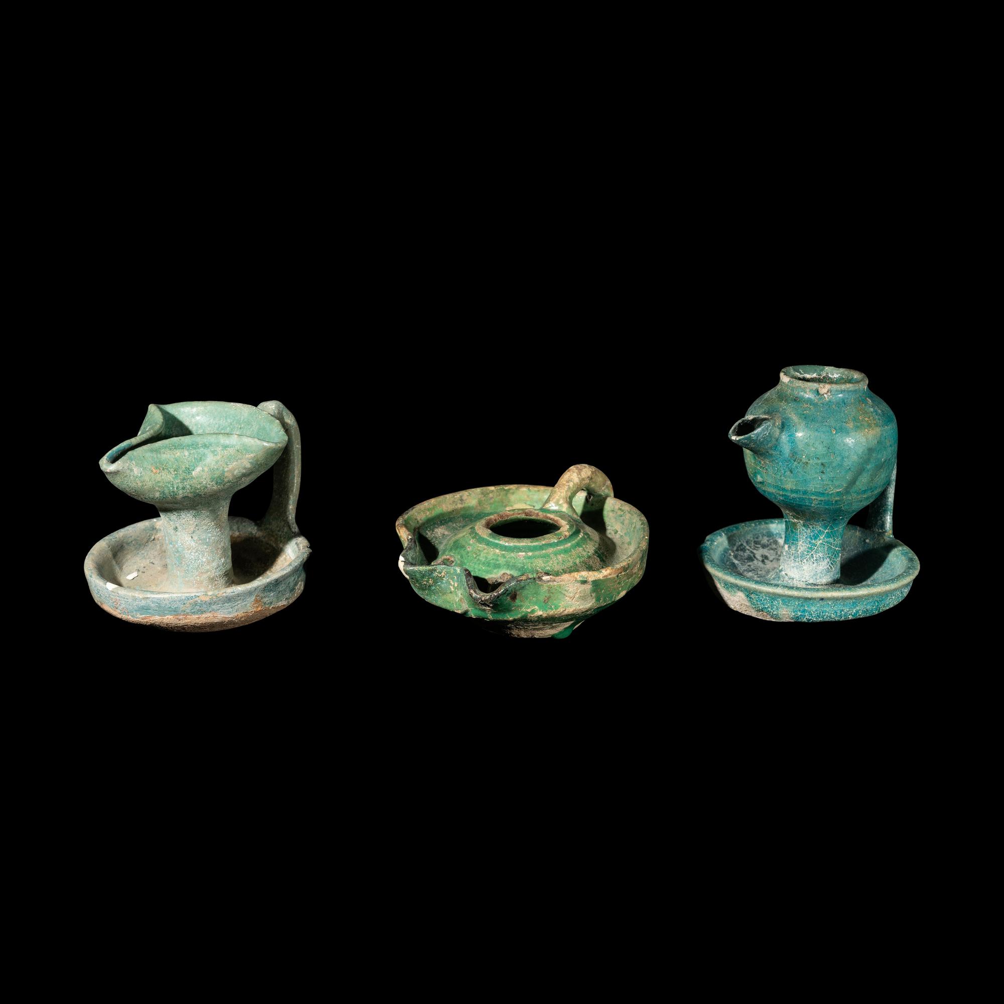 Three Persian Glazed Ceramic Oil Lamps