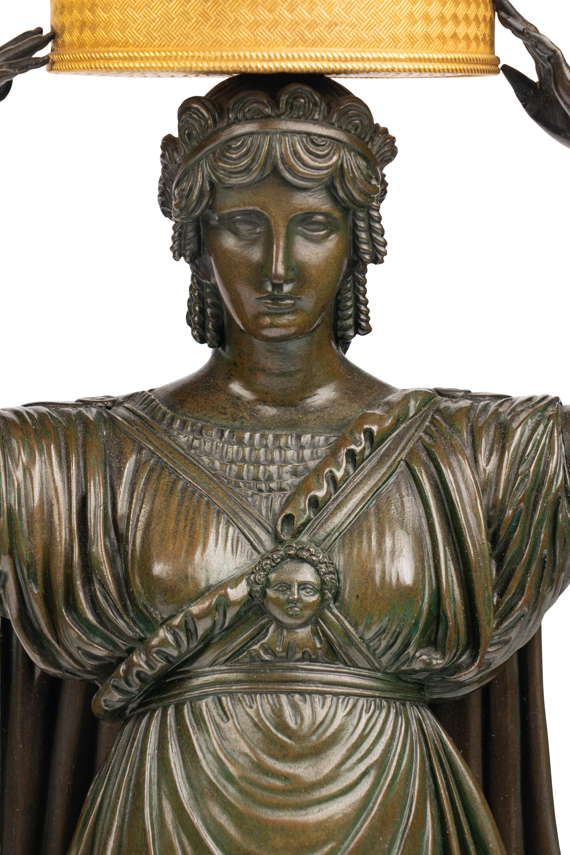 A Pair of Italian Gilt and Patinated Bronze and Marble Six-Light Candelabra