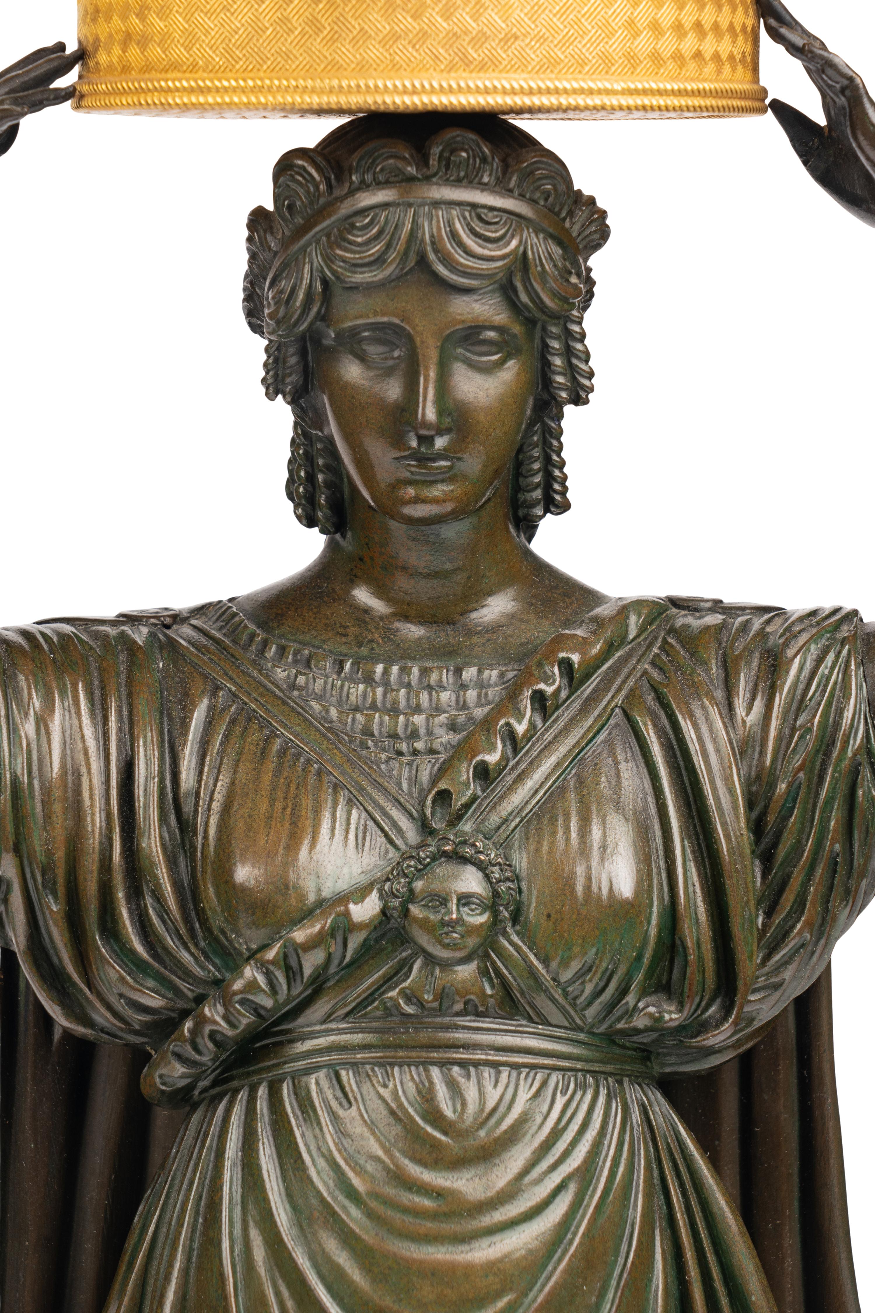 A Pair of Italian Gilt and Patinated Bronze and Marble Six-Light Candelabra