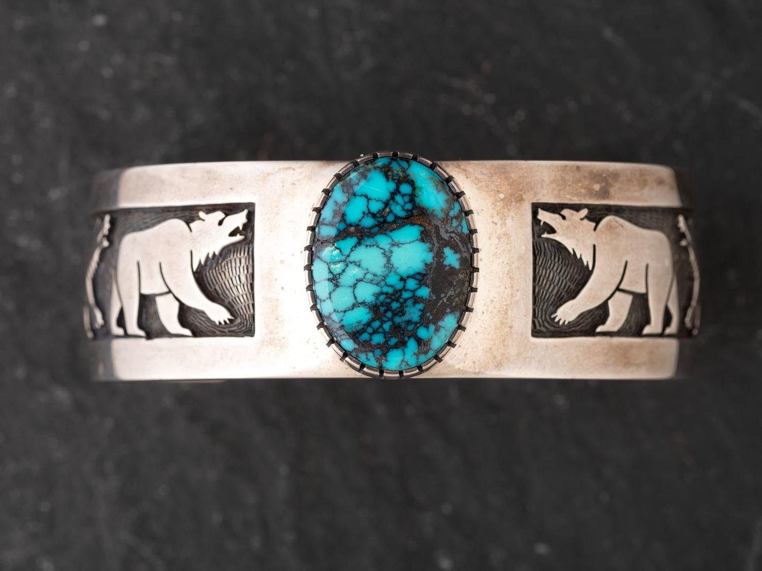 Man's Sterling Silver Bear Cuff Bracelet, with Turquoise