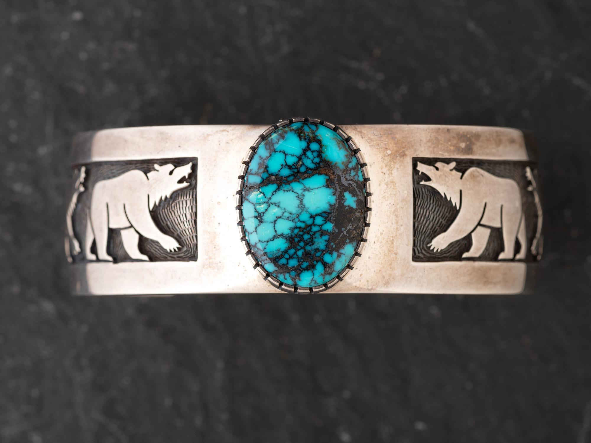 Man's Sterling Silver Bear Cuff Bracelet, with Turquoise