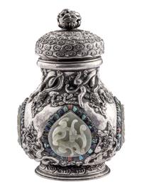 A Mongolian Jade and Hardstone Inset Silver Covered Hu Vessel