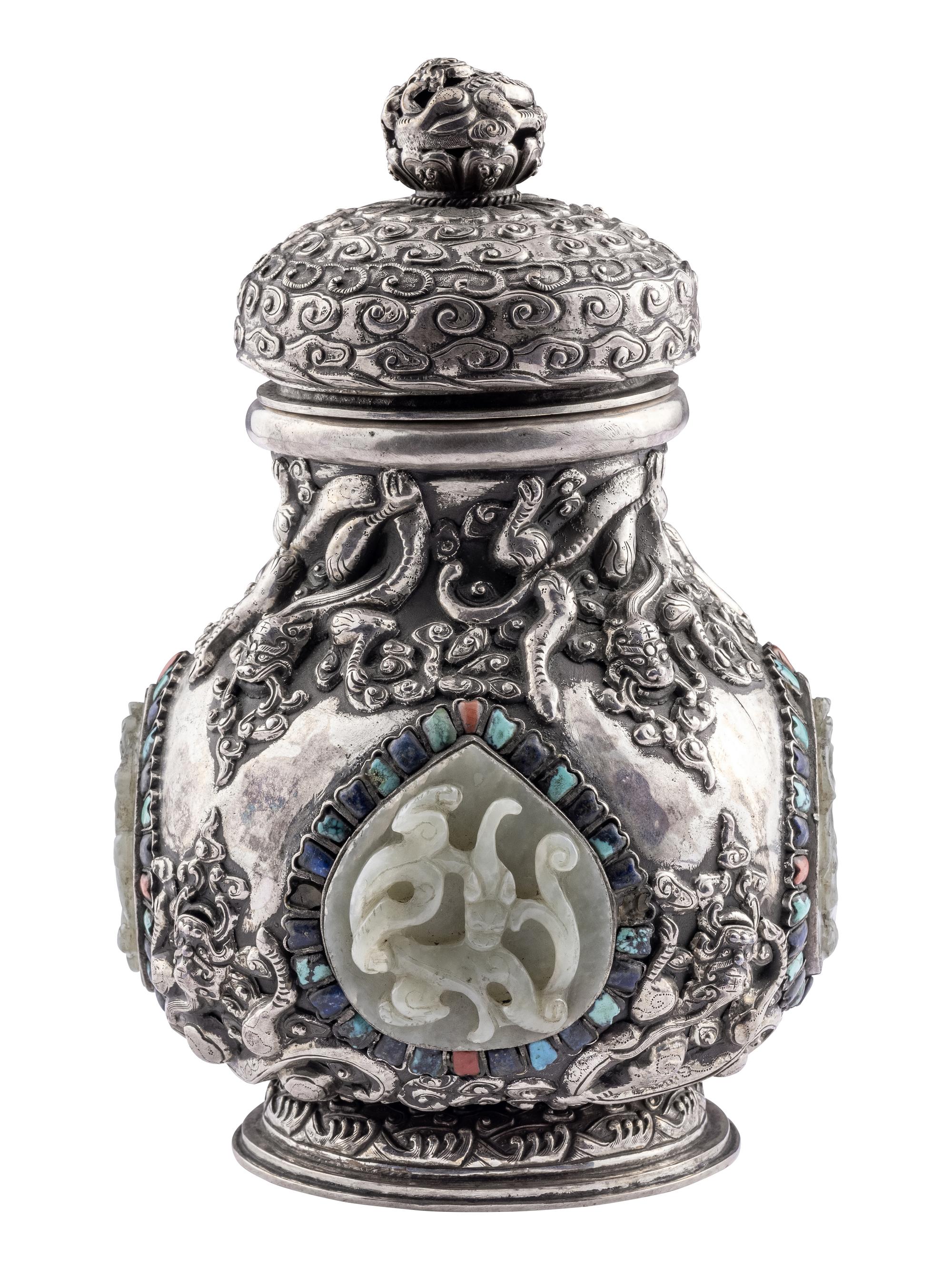 A Mongolian Jade and Hardstone Inset Silver Covered Hu Vessel