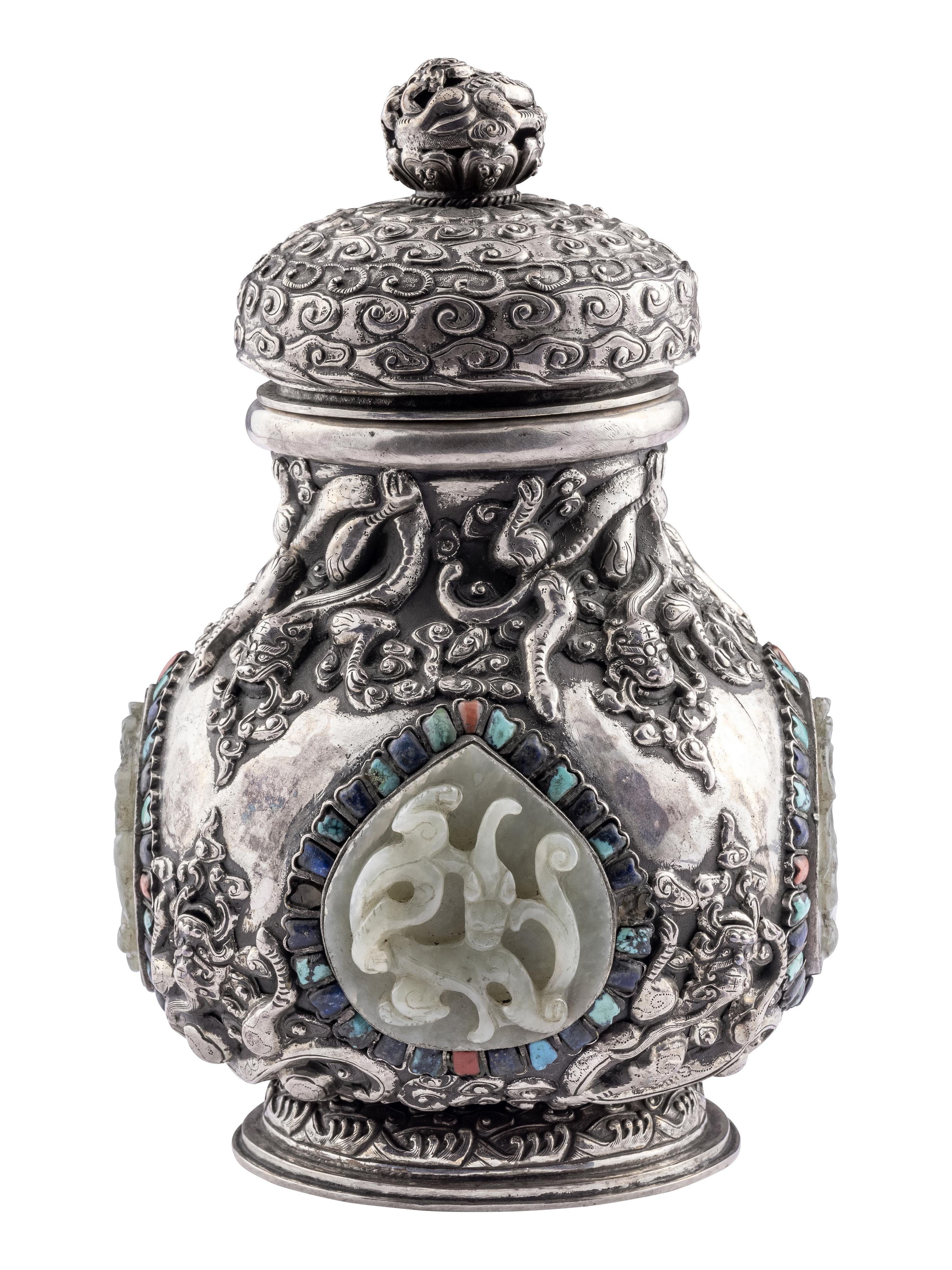 A Mongolian Jade and Hardstone Inset Silver Covered Hu Vessel