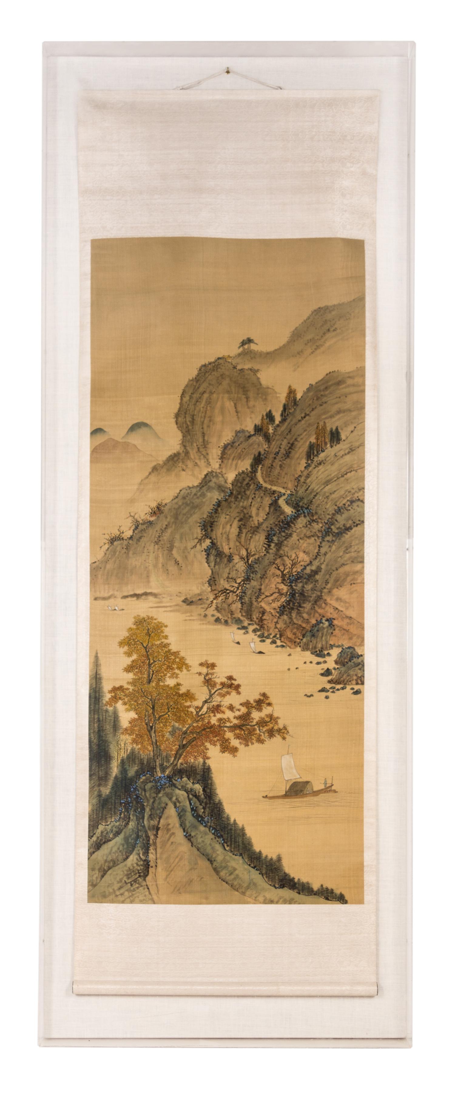 An Ink and Color Painting on Silk Scroll 69 X 21 1/2 inches (image).