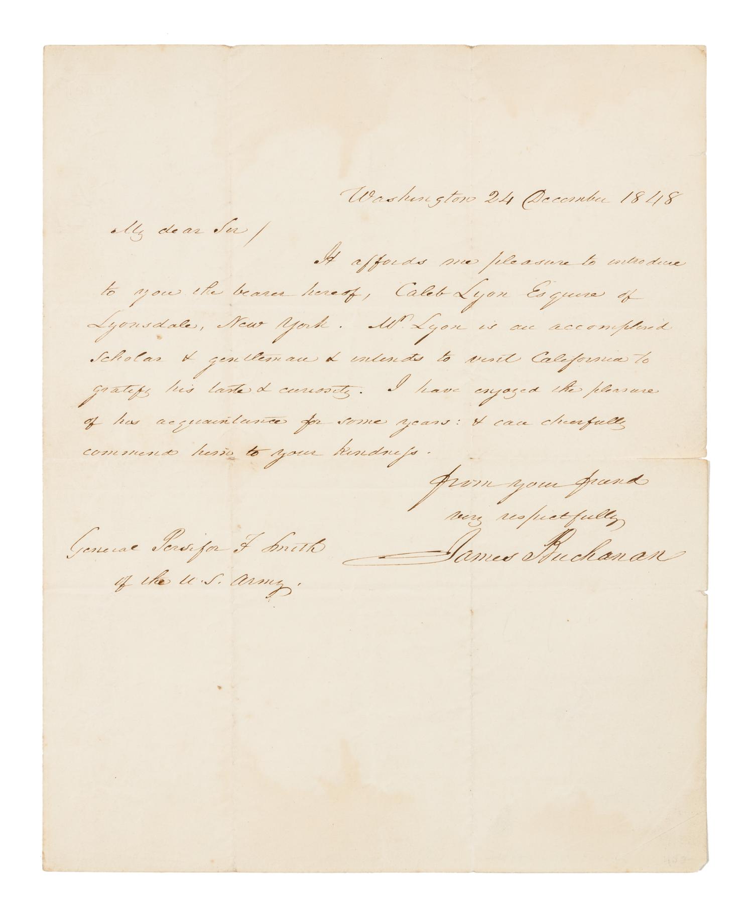 BUCHANAN, James. Autographed letter signed ("James Buchanan"), as Secretary of State, to General Persifor F. Smith, 24 December 1848.