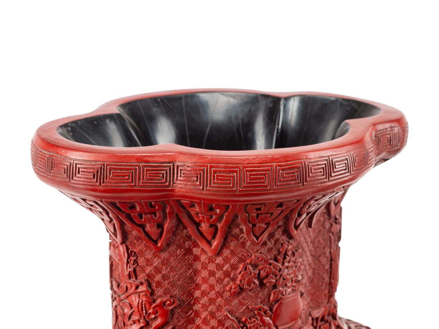 A Pair of Chinese Export Carved Red Lacquer Vases