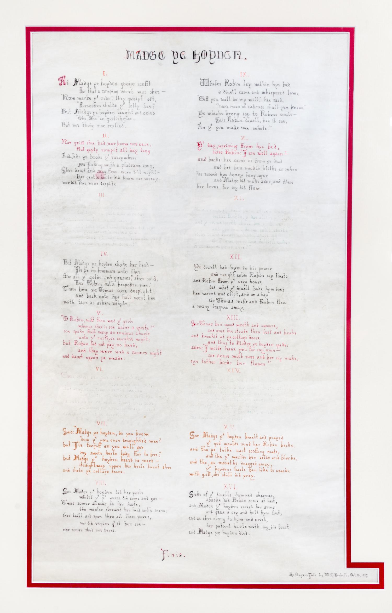FIELD, EUGENE. Manuscript poem "Madge ye hoyden". Dated and inscribed.