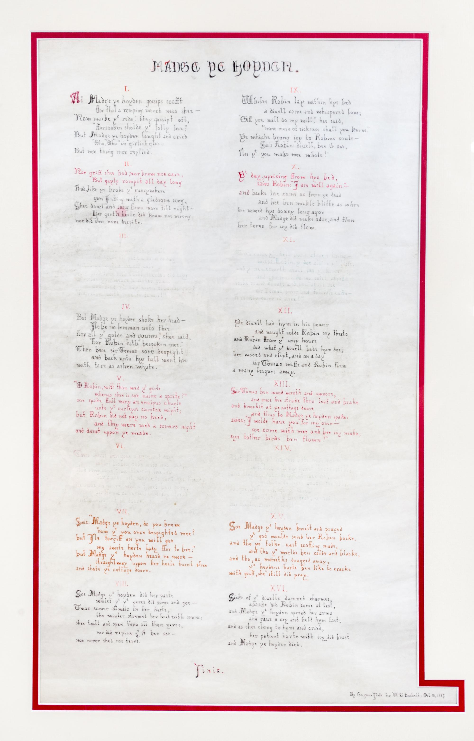 FIELD, EUGENE. Manuscript poem "Madge ye hoyden". Dated and inscribed.