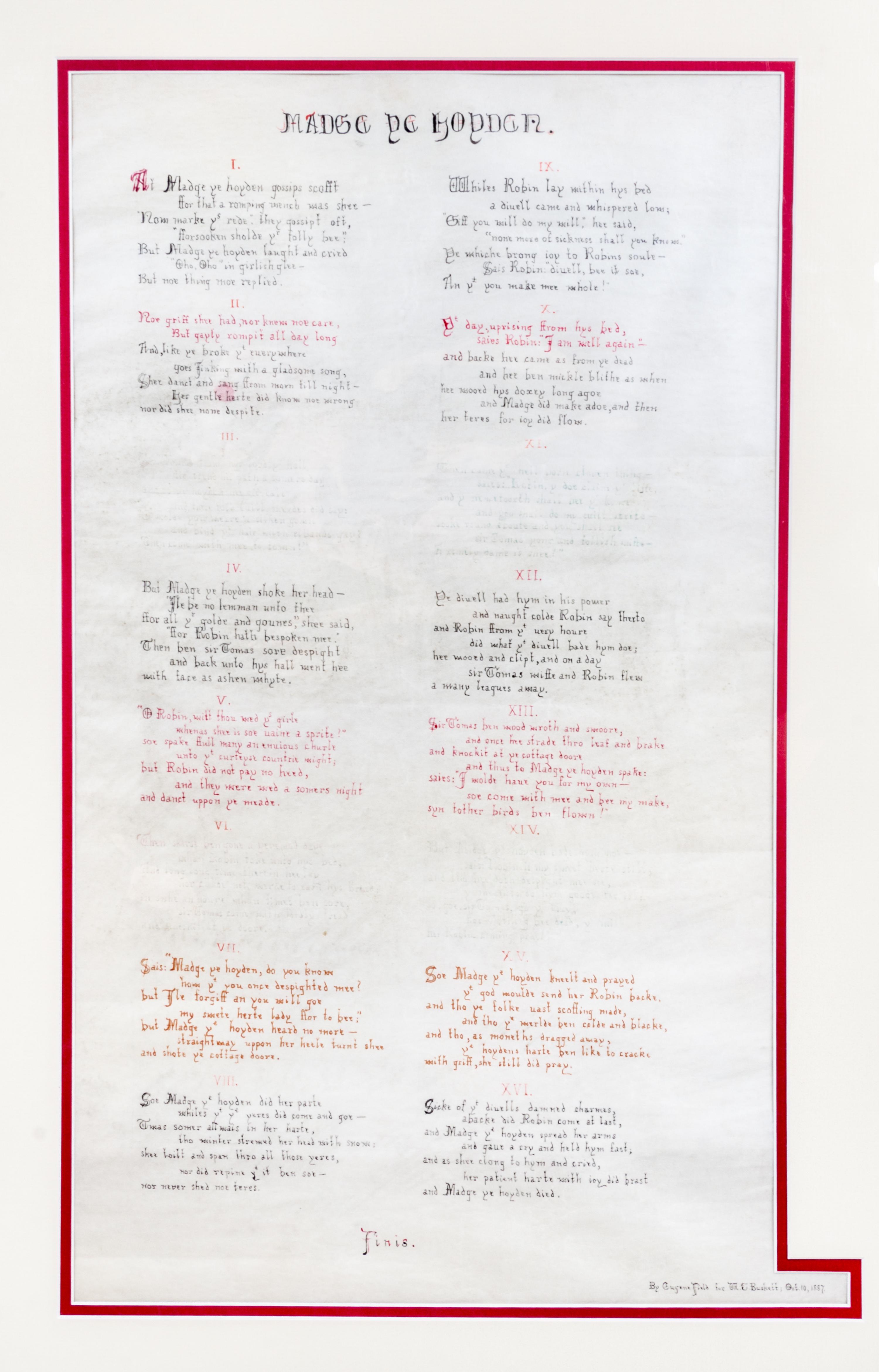 FIELD, EUGENE. Manuscript poem "Madge ye hoyden". Dated and inscribed.