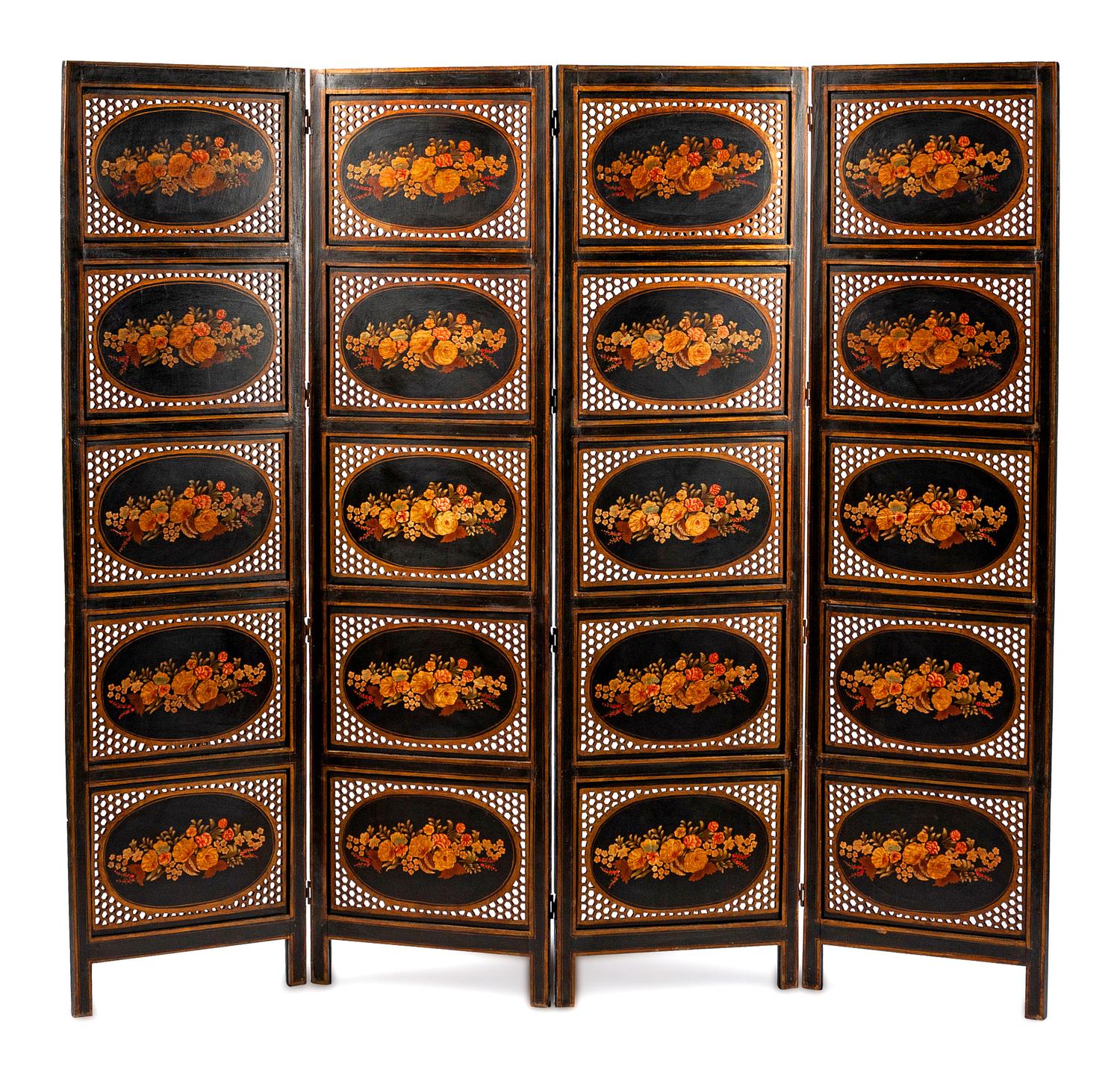 An English Painted and Reticulated Four-Panel Screen