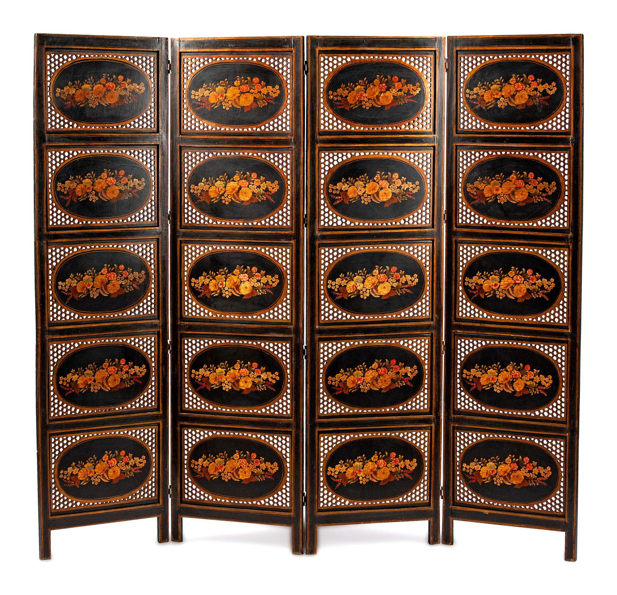 An English Painted and Reticulated Four-Panel Screen