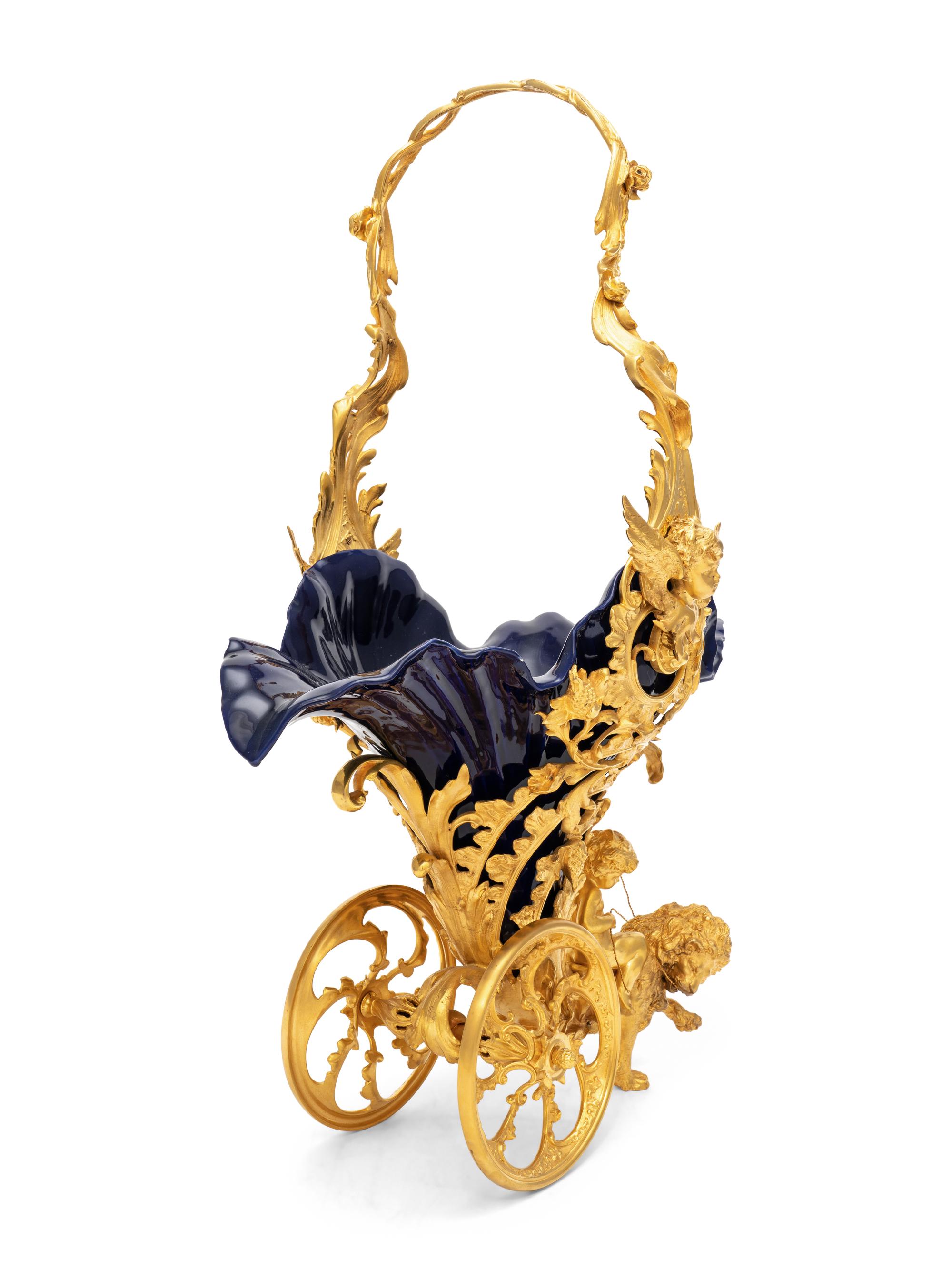 An Italian Gilt Bronze and Cobalt Glazed Ceramic Centerpiece
