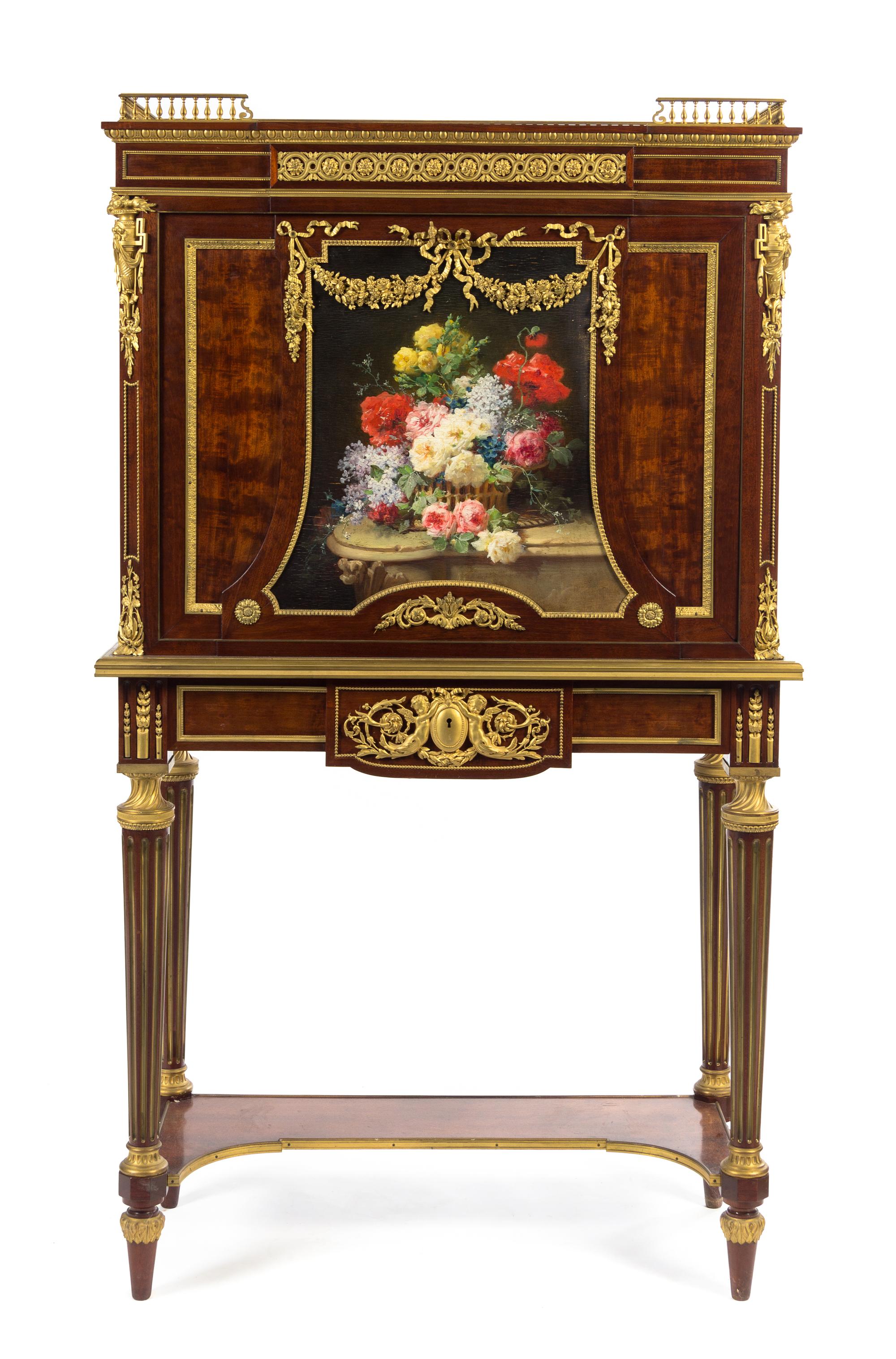 A Louis XVI Style Gilt Bronze Mounted Mahogany Secretaire a Abattant Height 57 x width 32 x depth 14 1/2 inches. — PAUL SORMANI, PARIS, CIRCA 1900