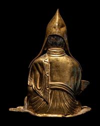 A Tibetan Gilt Bronze Repoussé Seated Figure of Tsongkhapa