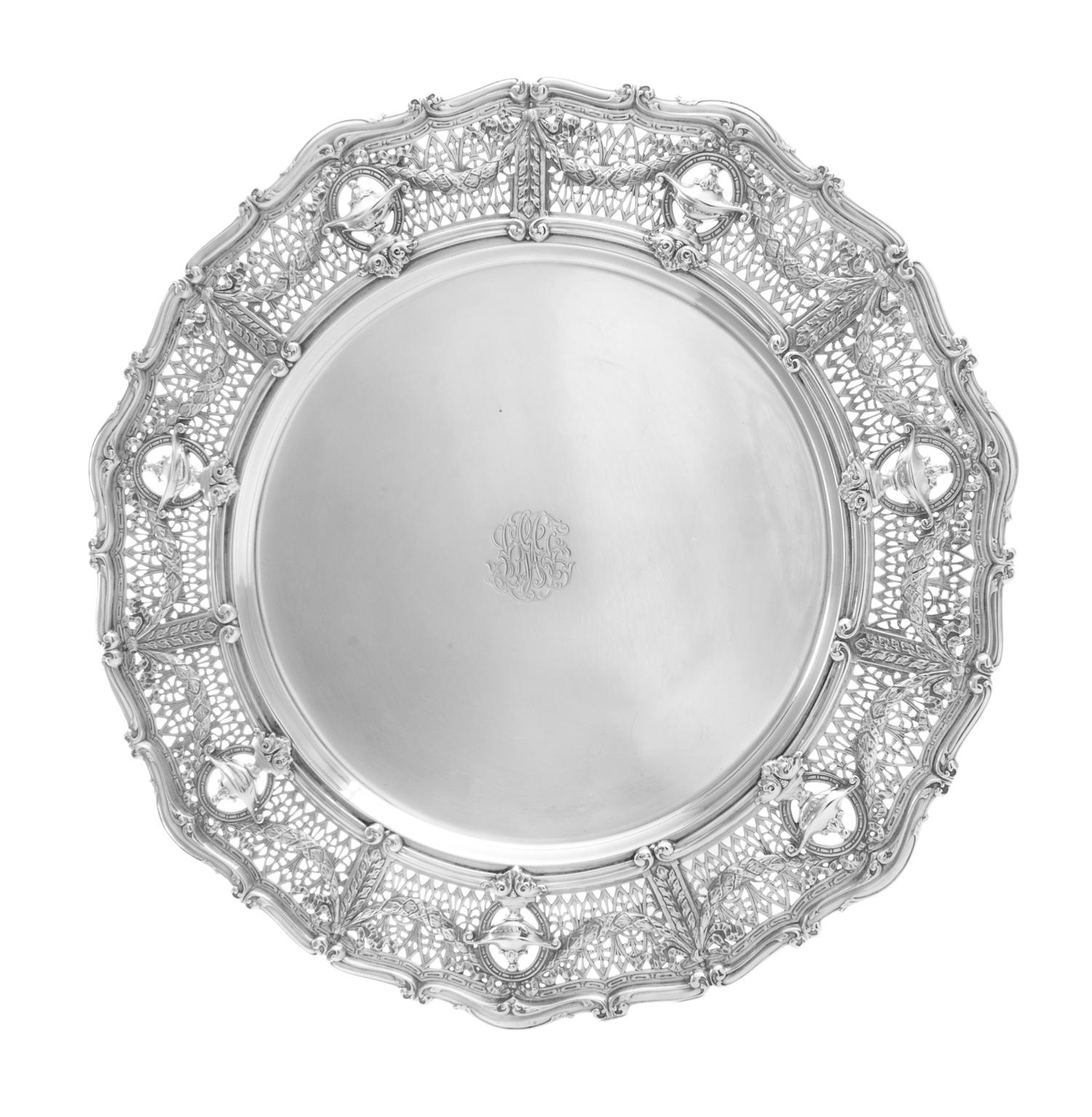 An American Silver Serving Platter, Shreve & Co., San Francisco, CA, having an S-scroll decorated rim, the border worked to show urn, r