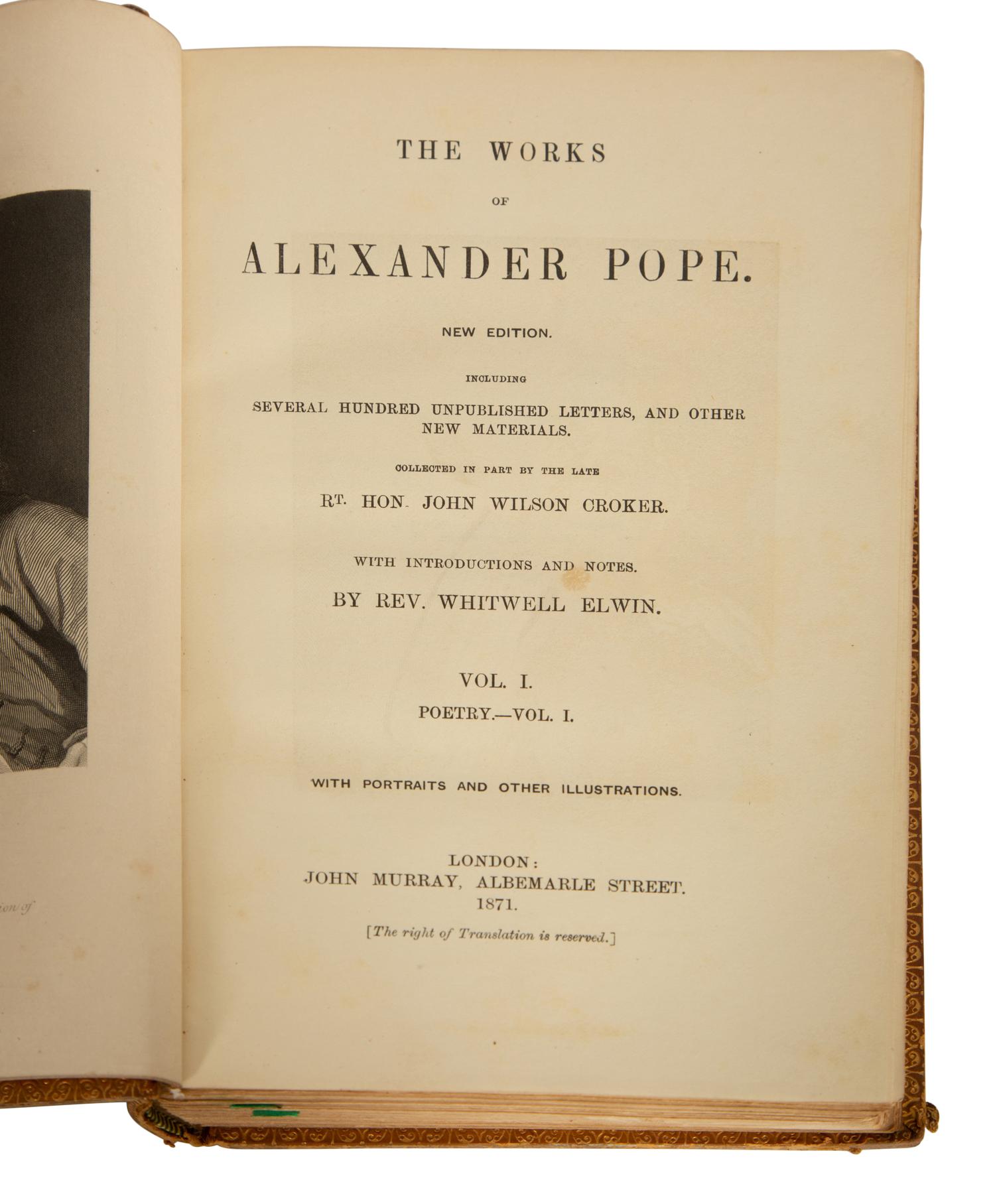 BINDINGS: The Works of Alexander Pope, Including Several Hundred Unpublished Letters, and Other New Materials 10 Volumes