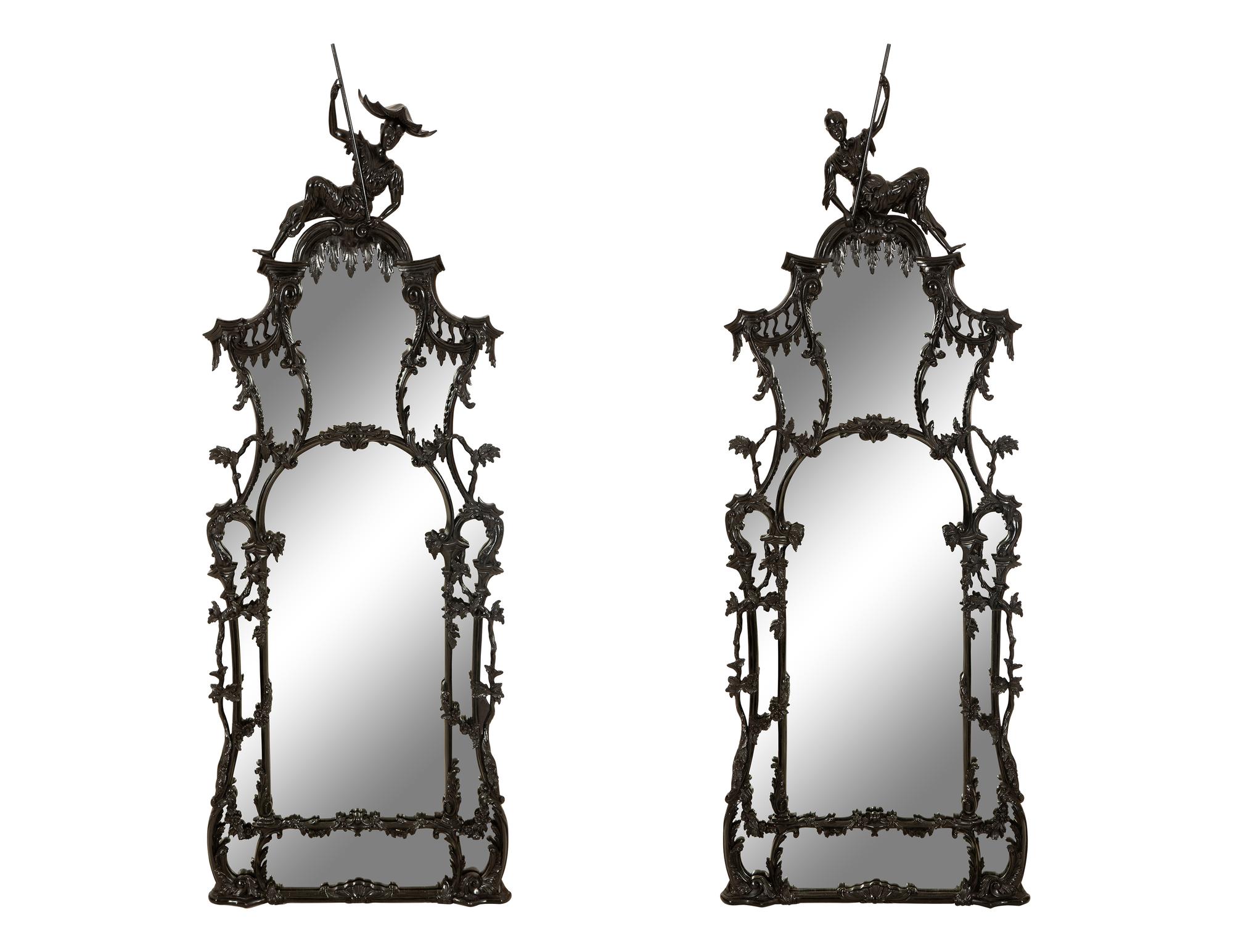 A Pair of Chinese Chippendale Style Black Painted Pier Mirrors — 20th Century