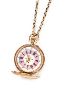 A Rose Gold, Diamond and Polychrome Enamel Hunter Case Pendant Watch and Chain, 20.70 dwts. (including chain)